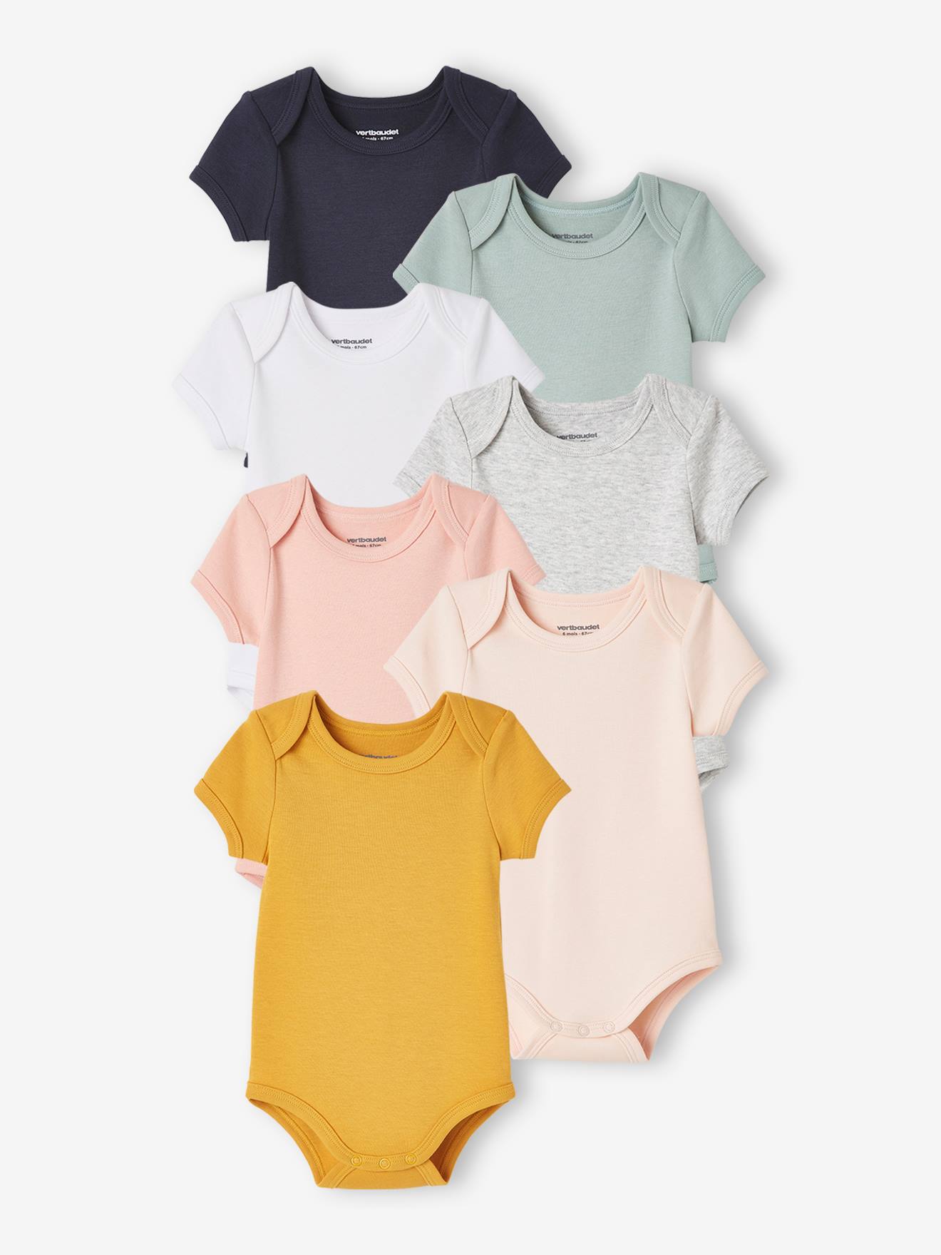 Lot de 7 bodies manches courtes ouverture US bébé BASICS lot bleu