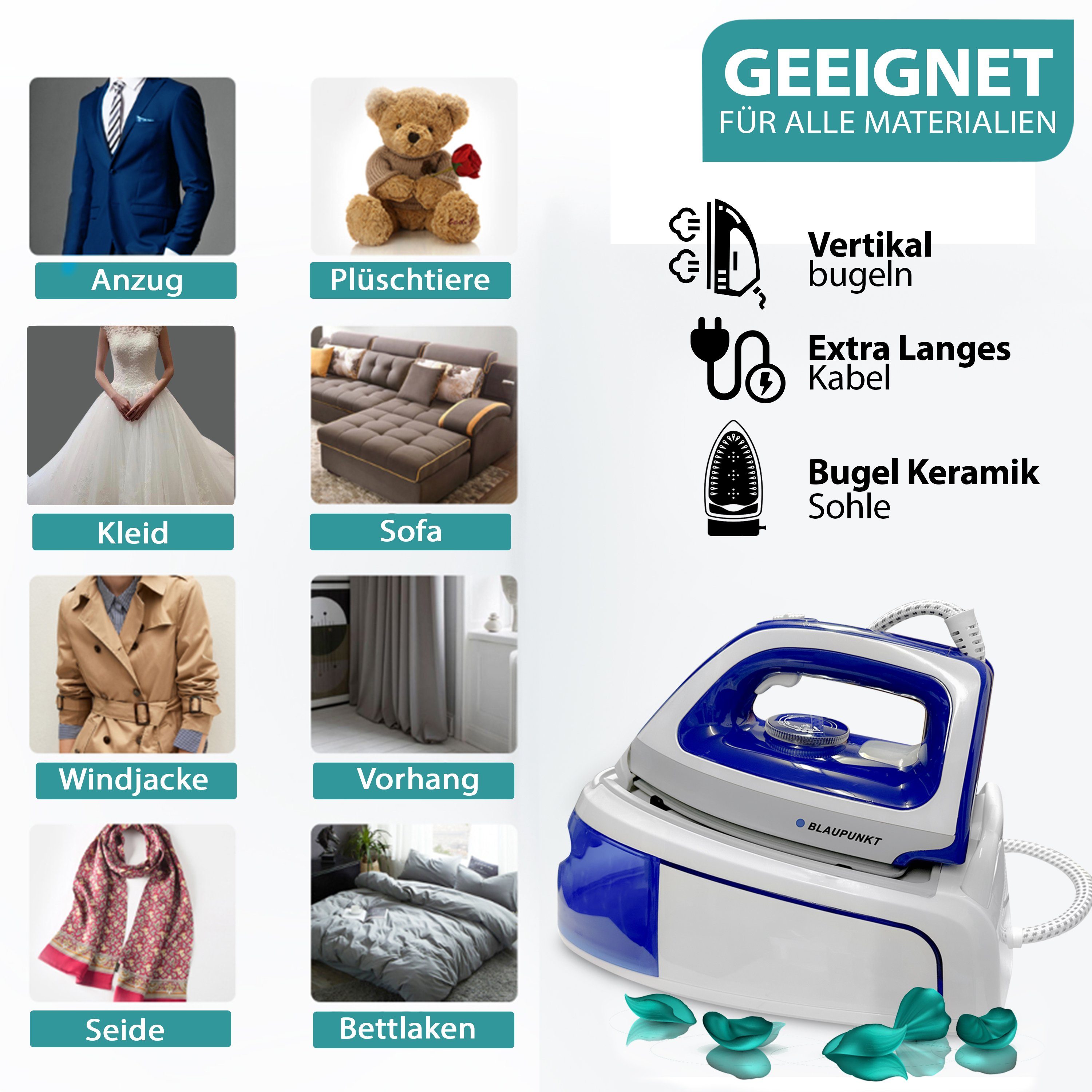 Blaupunkt Dampfbügelstation MEN803 Dampfbügelstation 2250W Bügelstation 5.2 Bar Dampfstoß 280g, 1,2 L Tank abnehmbar, Keramiksohle Bügeleisen Dampf, Dampfbügeleisen