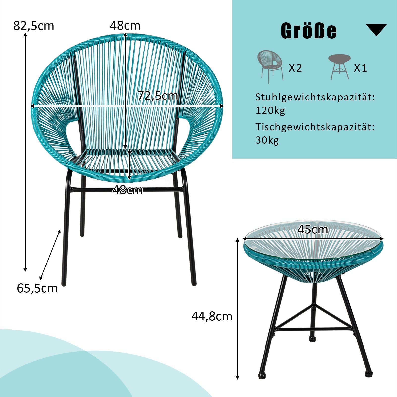 COSTWAY Balkonset, (3-tlg), mit Glastisch & 2 Stühlen, Rattan