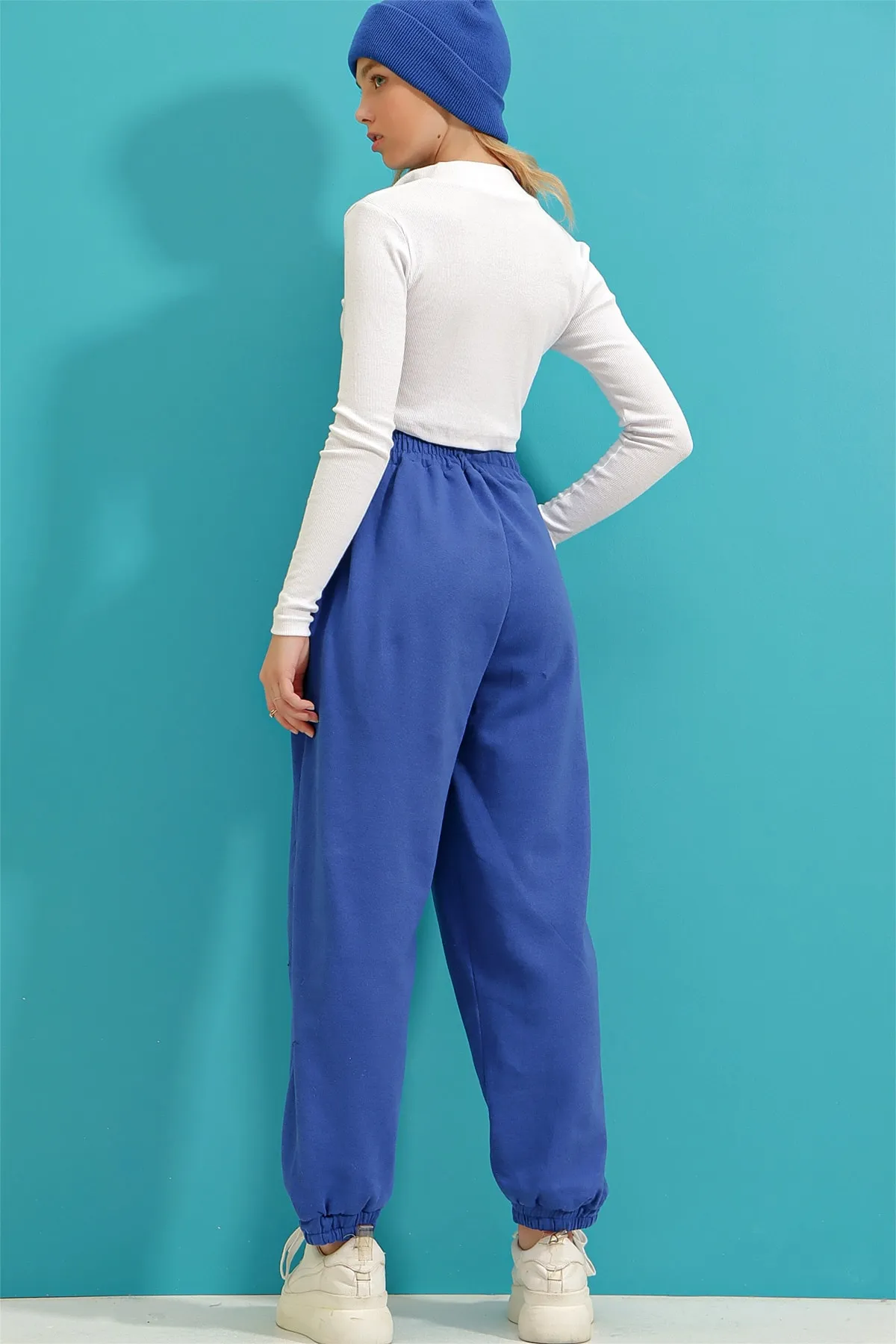 Trend Alaçatı Stili  Damen Saks Jogginghose mit hoher Taille, zwei Taschen, gerippter Innenseite, ALC-X9365