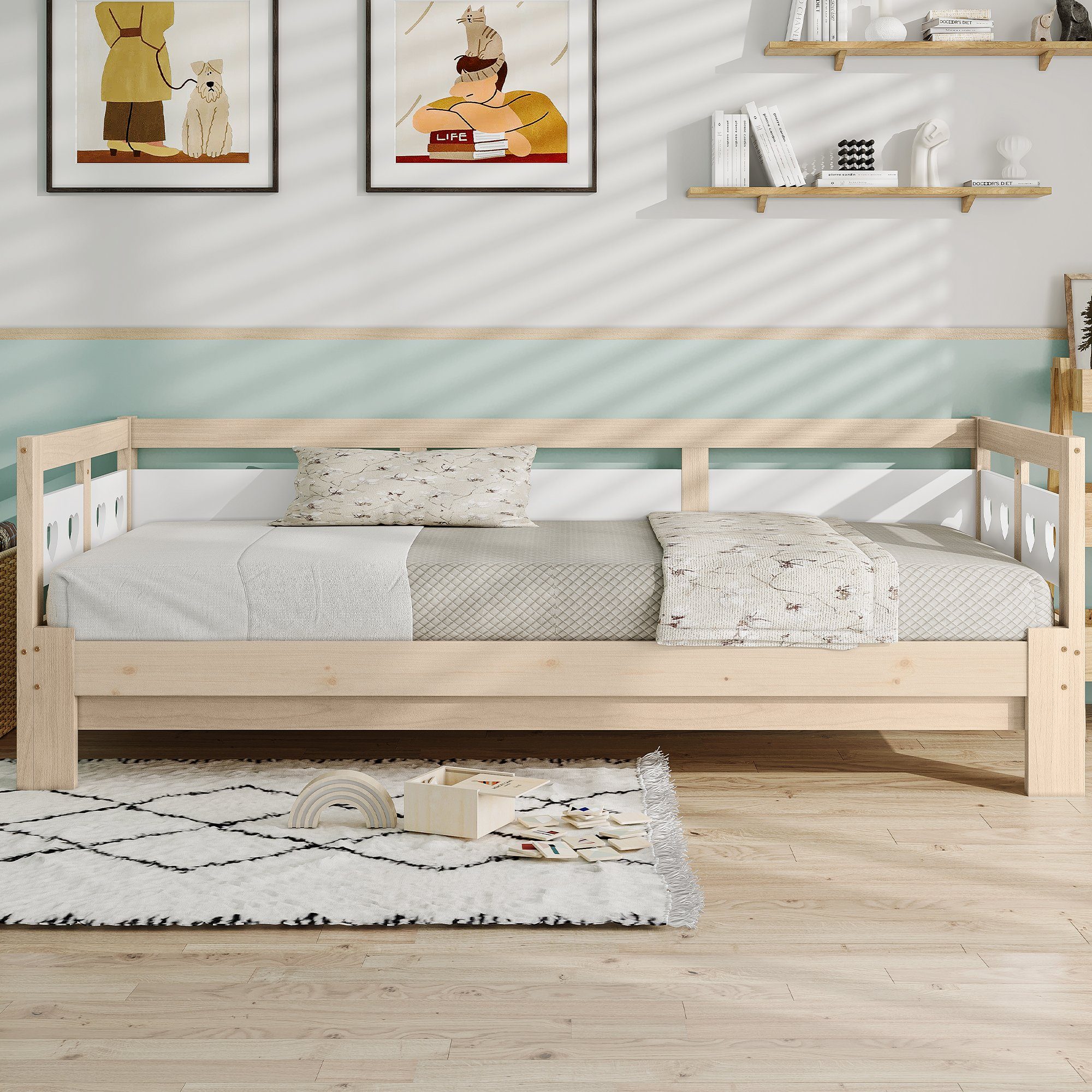 DEEP POWER Holzbett 90x190cm Holzbett Einzelbett Doppelbett mit Ausziehbett Natürlich