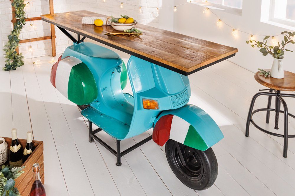 riess-ambiente Bartisch SCOOTER 166cm türkis (1-St), Wohnzimmer · Metall · Retro · Mangoholz · Upcycling · Italia Look