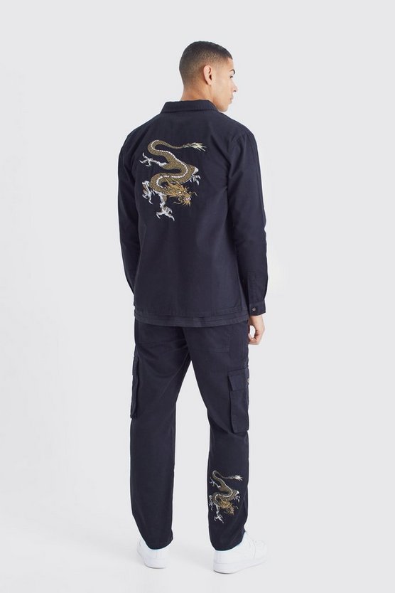 Langärmliges Twill Overshirt mit Drachen-Stickerei