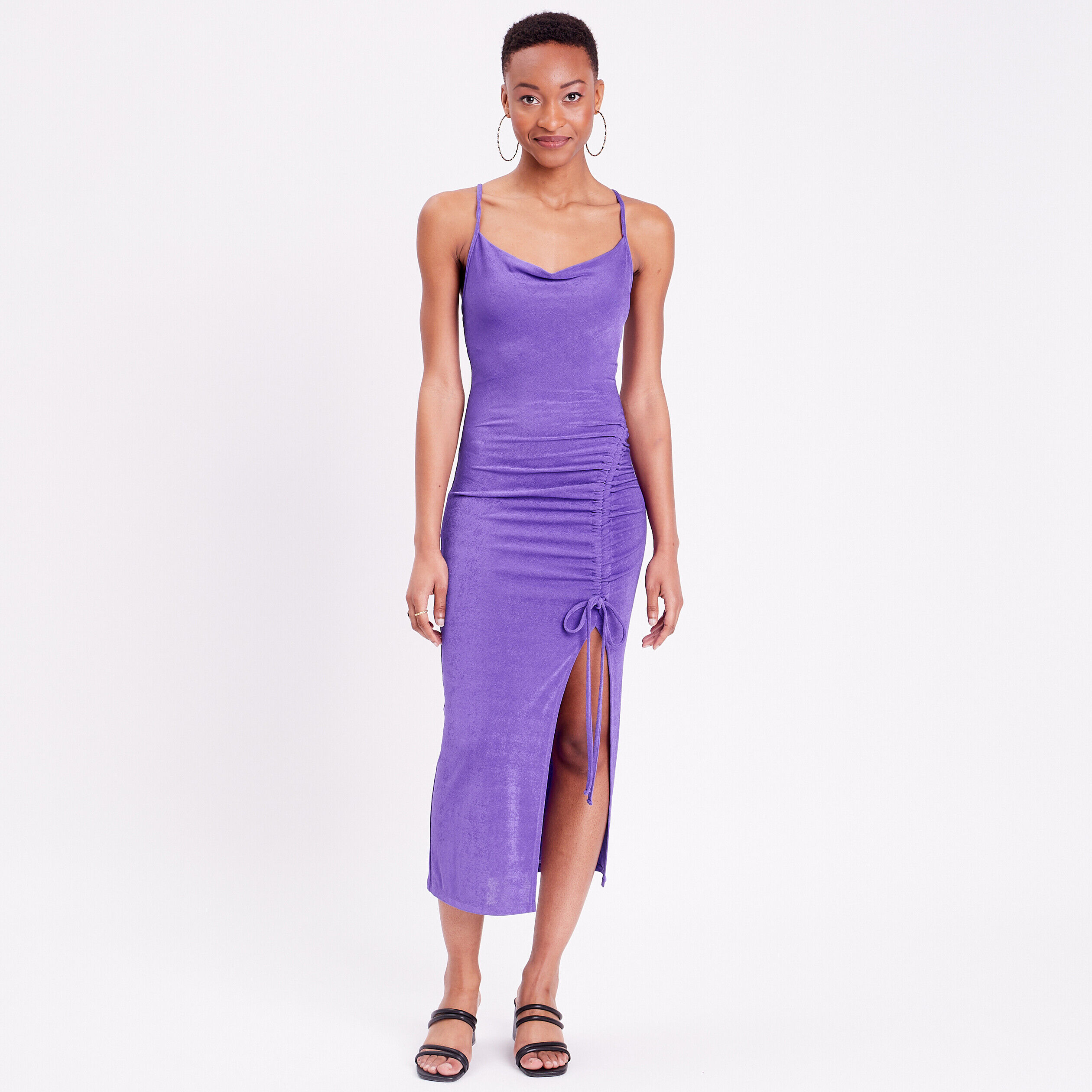 Robe longue ajustée satin violet foncé femme | Cache Cache