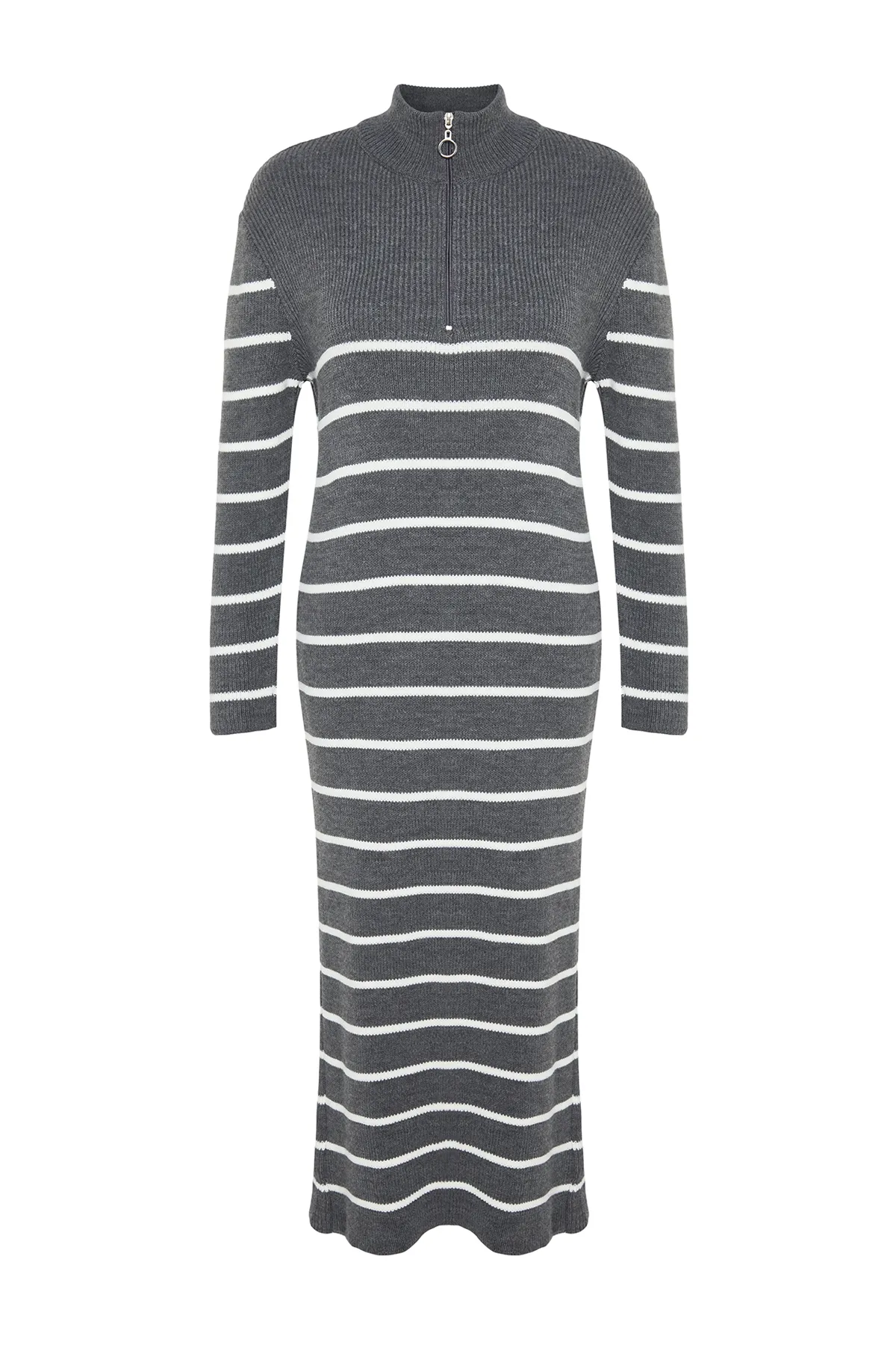 Trendyol Modest  Anthrazitfarbenes Strickkleid mit Streifen und Reißverschluss TCTAW24EB00019