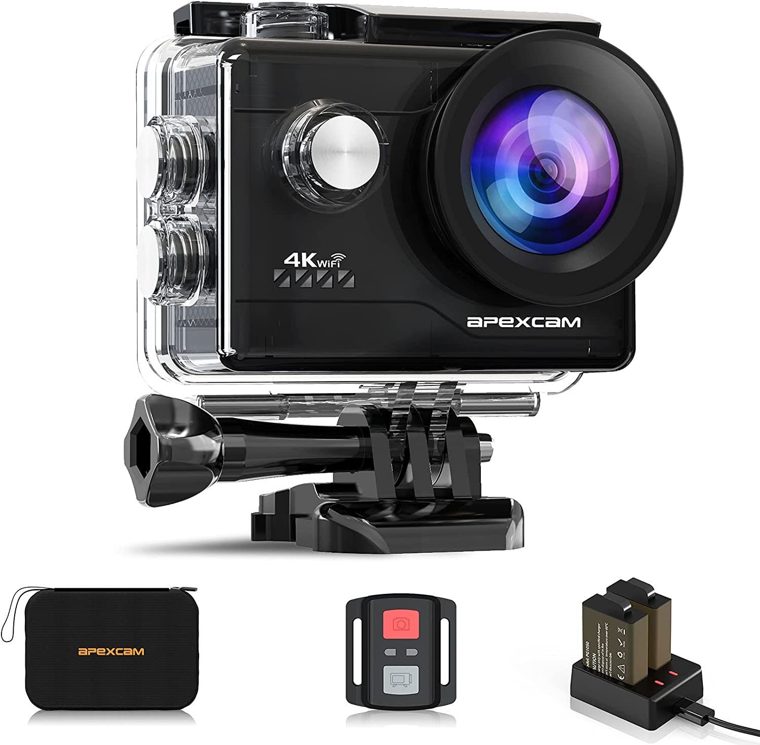 Apexcam M80 Air Action Cam (1080p, 4K, WLAN (Wi-Fi), mit Tasche, zwei Akkus, zwei Ladegeräten, Unterwasserkamera, 170 ° Weitwinkel)