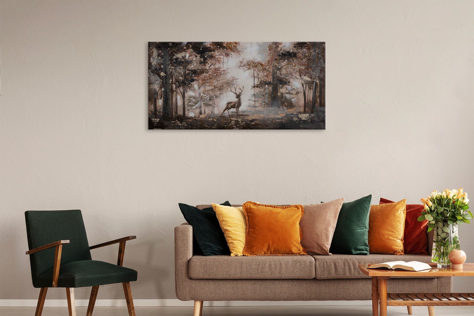 KUNSTLOFT Gemälde Stag in the Brume 120x60 cm, Leinwandbild 100% HANDGEMALT Wandbild Wohnzimmer