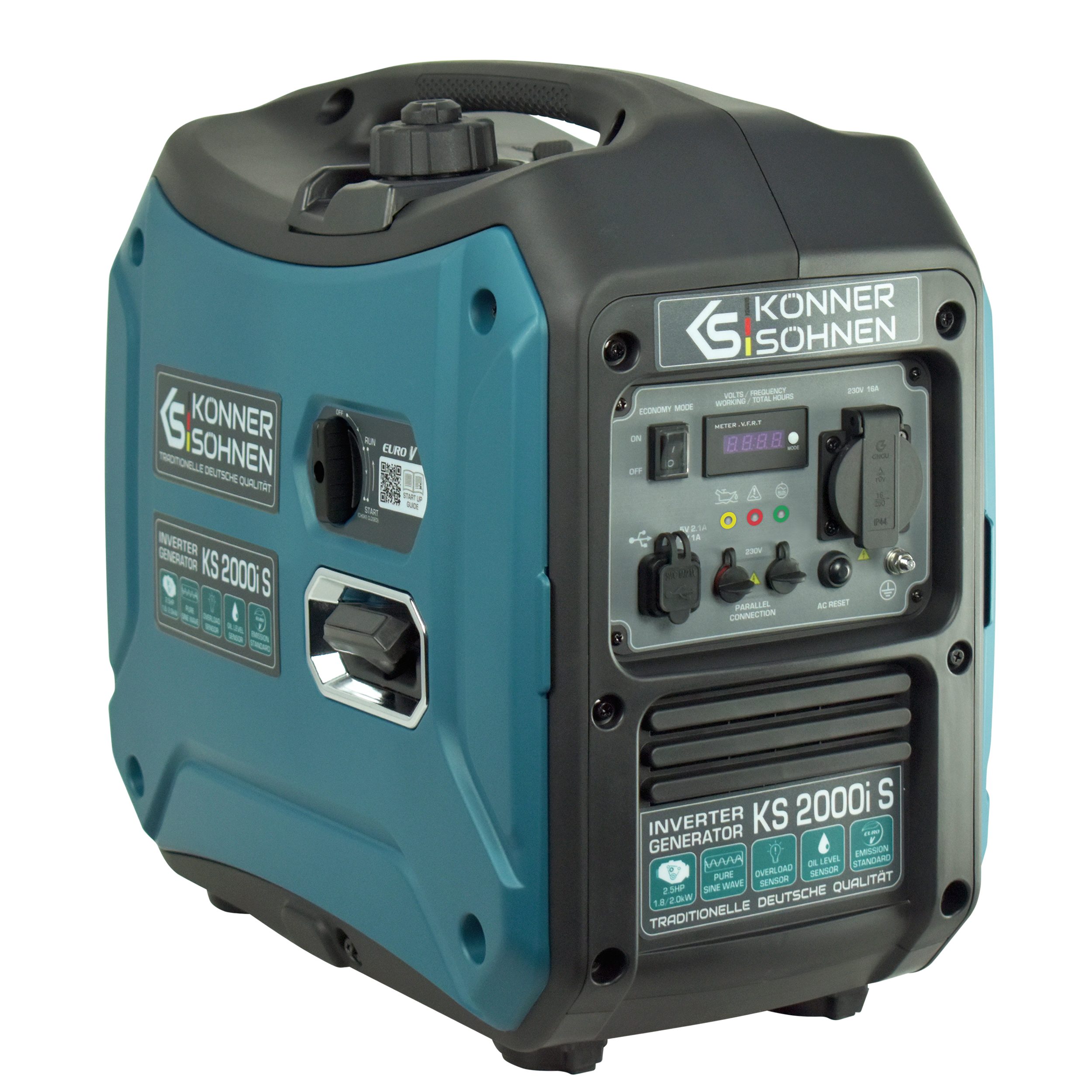 Könner & Söhnen Stromerzeuger KS 2000i S, 2,00 in kW, (Invertergenerator. Schalldichtes Gehäuse (62 dB Lpa 7 m), 1-tlg., Schuko 230V, 2 x USB-Anschluss, LED-Anzeige, ECO-Modus), Kurzschluss- und Überlastschutz, EURO V