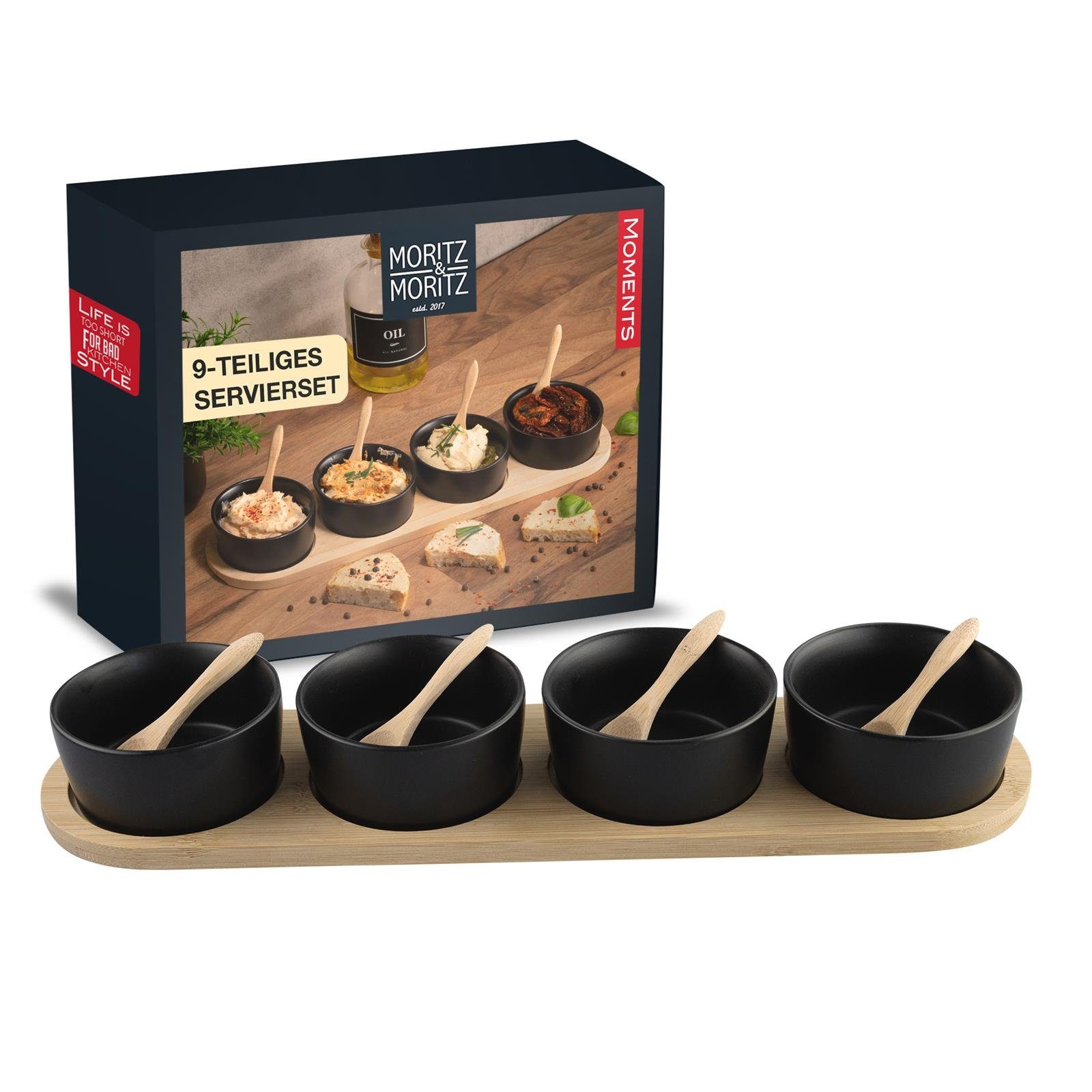 Moritz & Moritz Servierschale Schalen Set inkl. Löffel & Servierbrett, Bambus, Keramik, (Set, 9-tlg), Als Tapas Schalen und Dip Schälchen