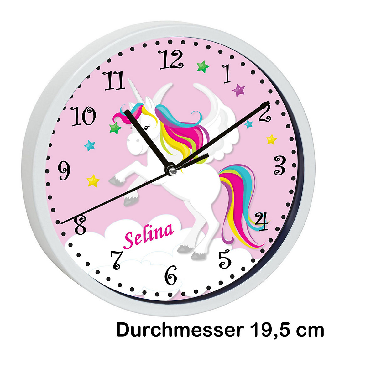 Kinder Wanduhr personalisiert mit Name Pegasus Rosa