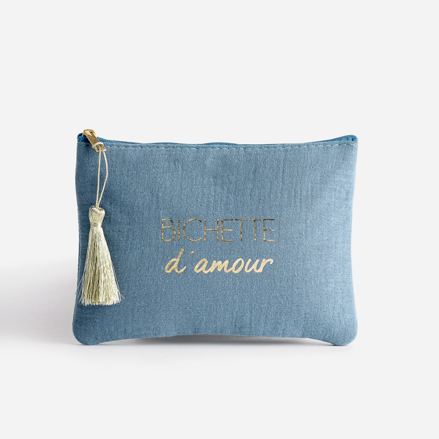 Pochette bleue à message doré