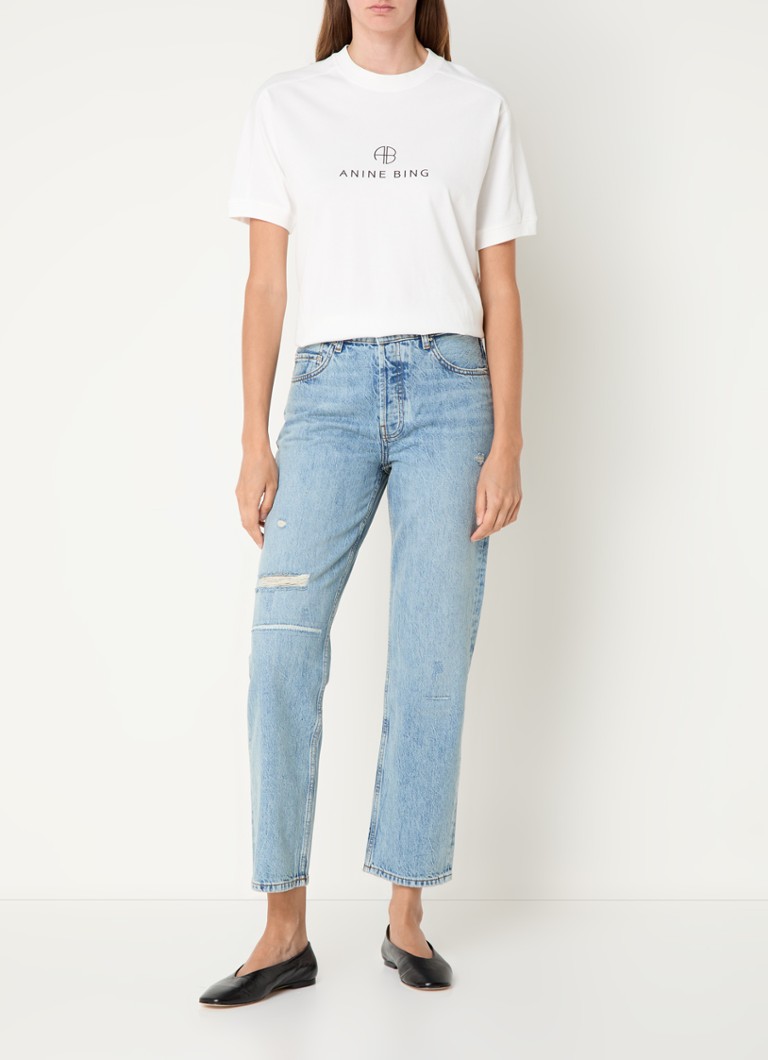 Pantaloni scurți din denim cu talie înaltă și croială dreaptă, de la Anine Bing Benson, confecționați dintr-un amestec de bumbac organic.