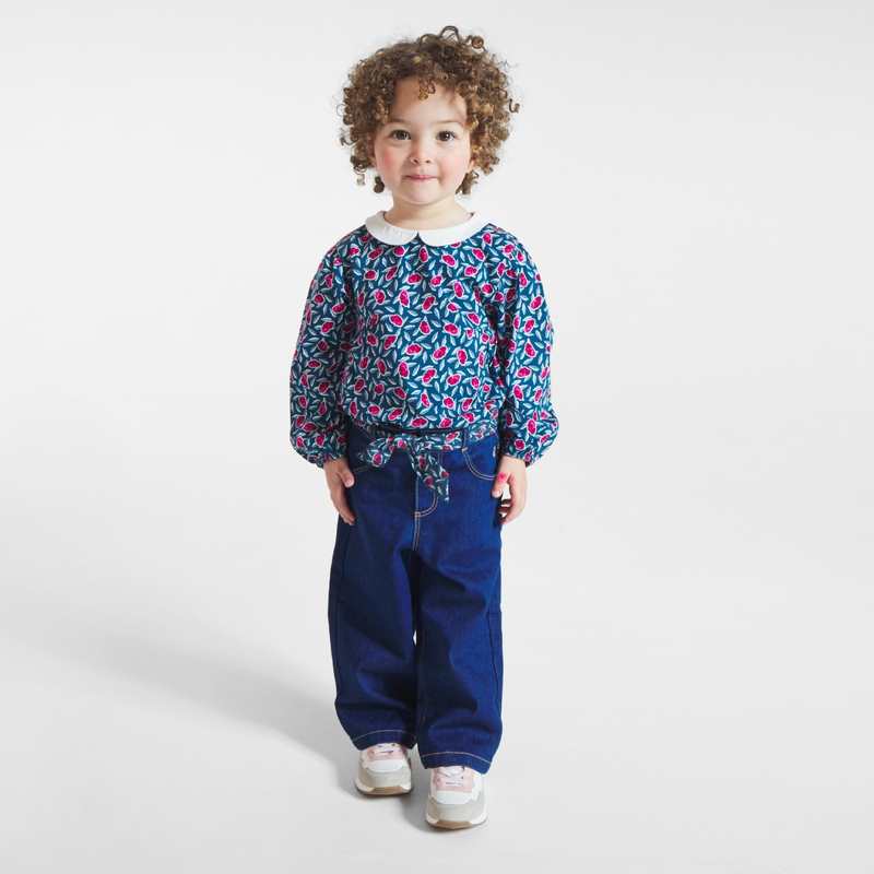 Jean large ceinture fleurie bleu bébé fille