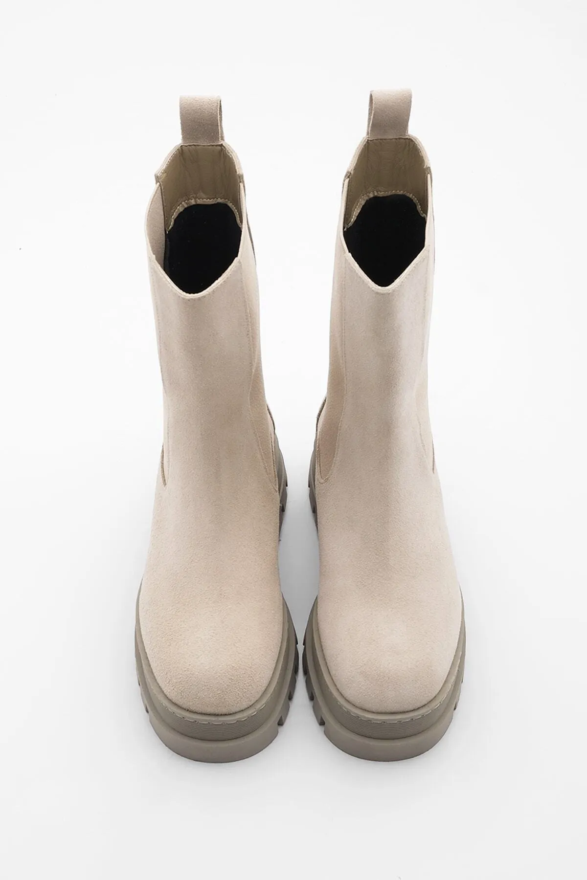 Marjin  Damen Stiefel aus echtem Leder für den Alltag, dicke gezackte Sohle, elastisch, Unvez, beige, Wildleder