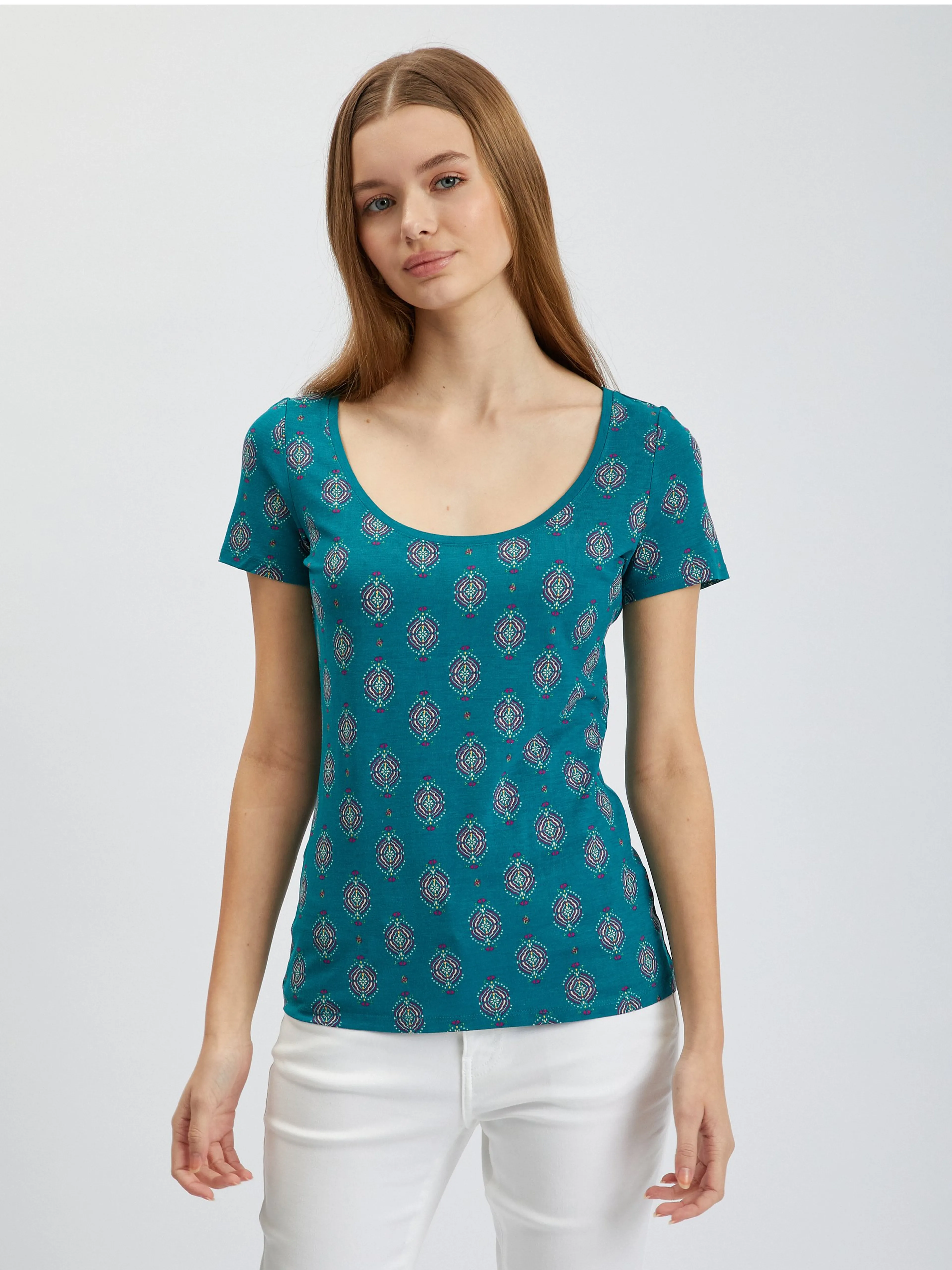 Petrolfarbenes gemustertes Damen-T-Shirt ORSAY