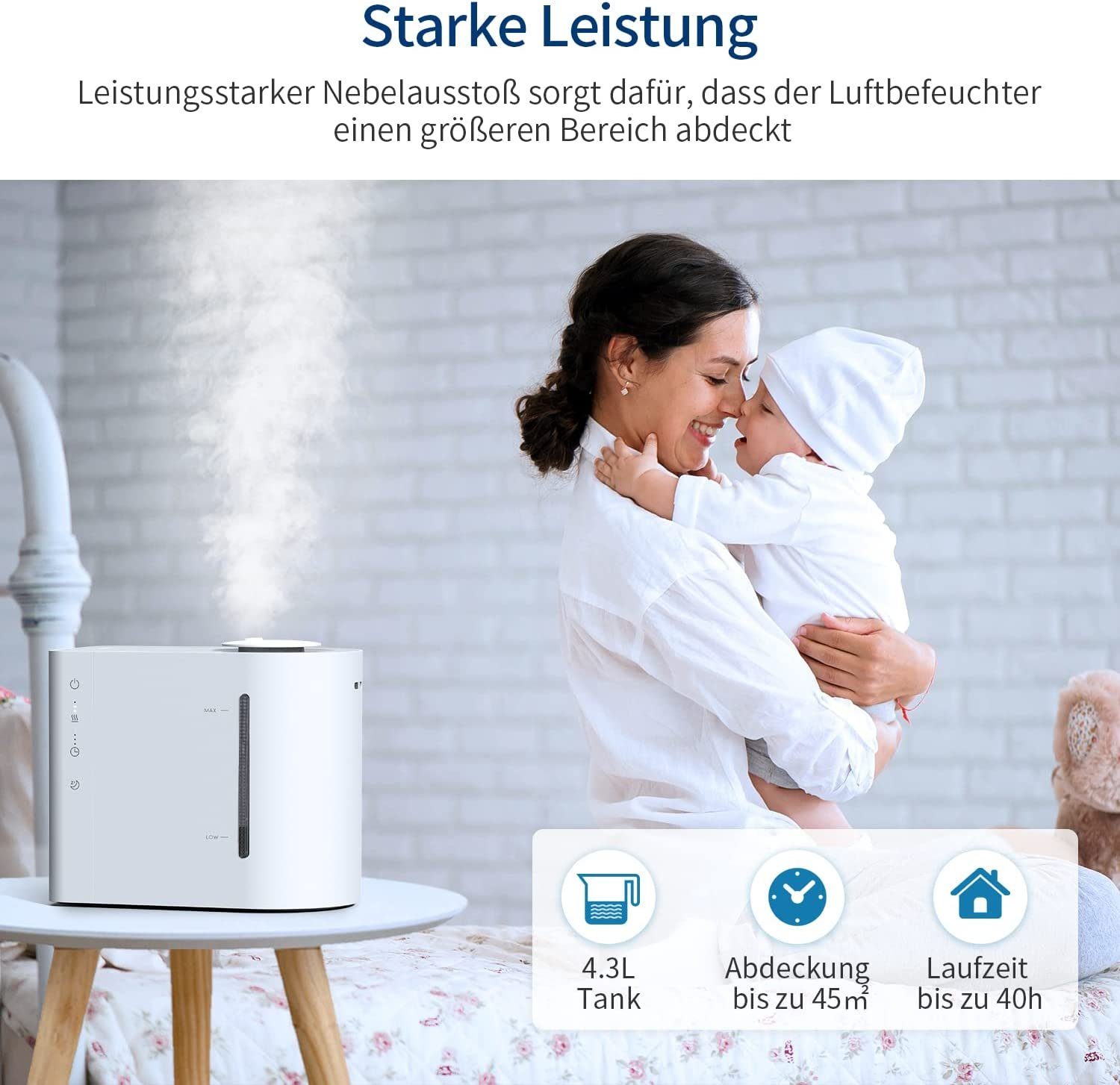 AIRROBO Luftbefeuchter Luftbefeuchter 4.3L Top-Fill für Große Räume Schlafzimmer bis 45m2, 4,30 l Wassertank, 360° Düse,Ultraschall Raumbefeuchter Humidifier