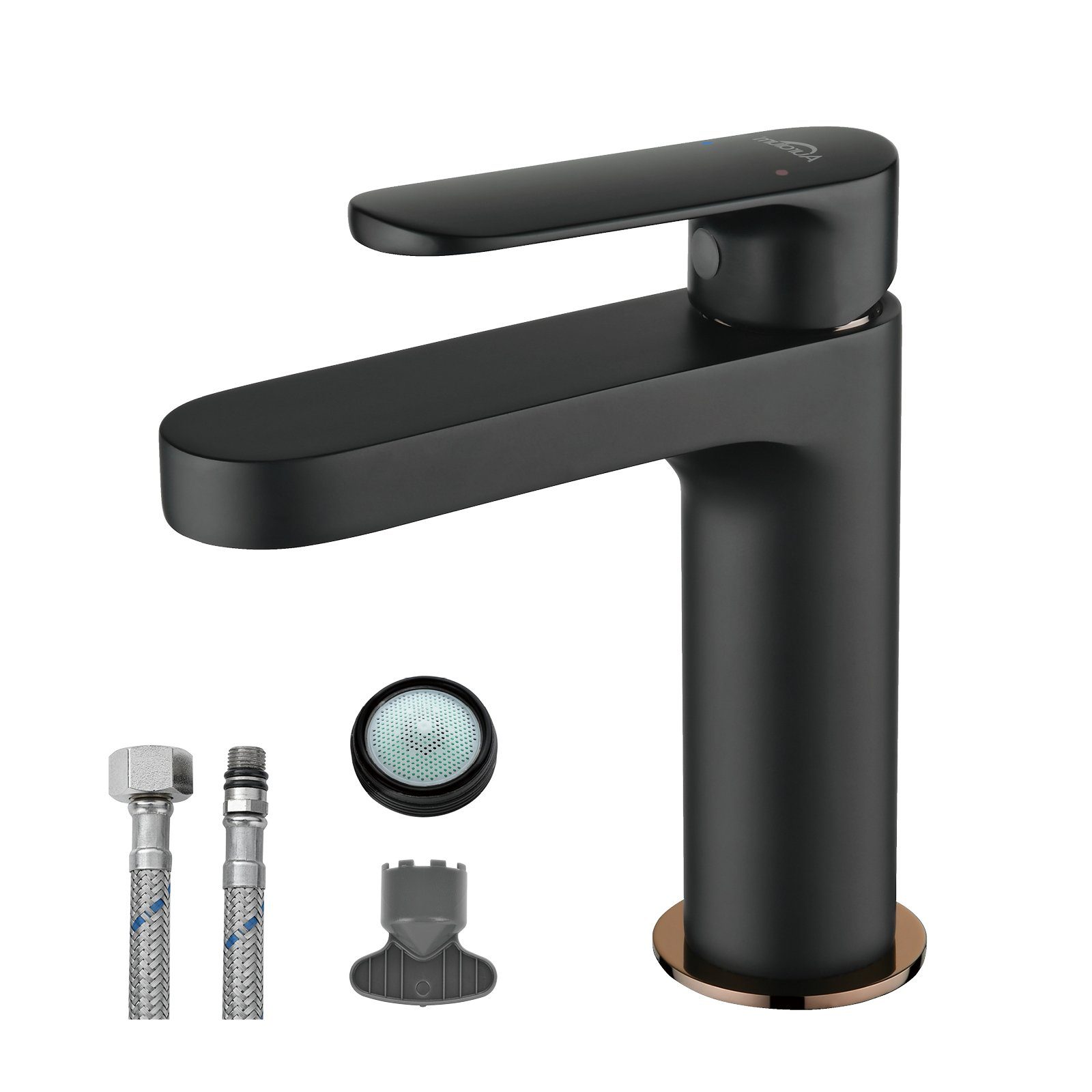 Auralum Waschtischarmatur Wasserhahn Bad Schwarz Waschbecken Armatur Mischbatterie Badarmatur mit Rose Gold Akzent Oberfläche