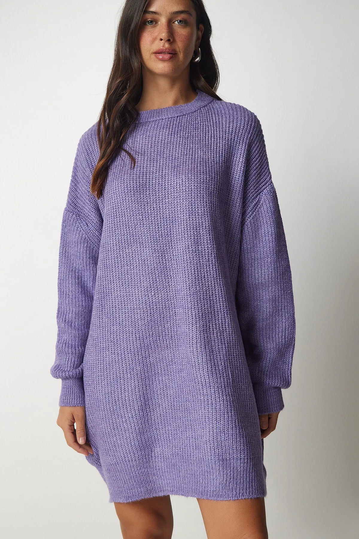 Happiness İstanbul  Lilafarbener, langer Basic-Strickpullover für Damen in Übergröße BV00099