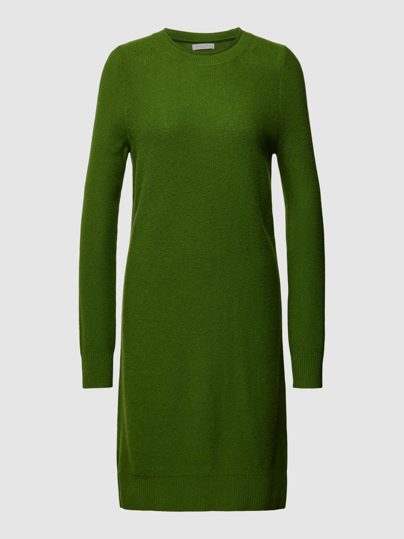 Knielanges Strickkleid mit geripptem Rundhalsausschnitt in grasgrün