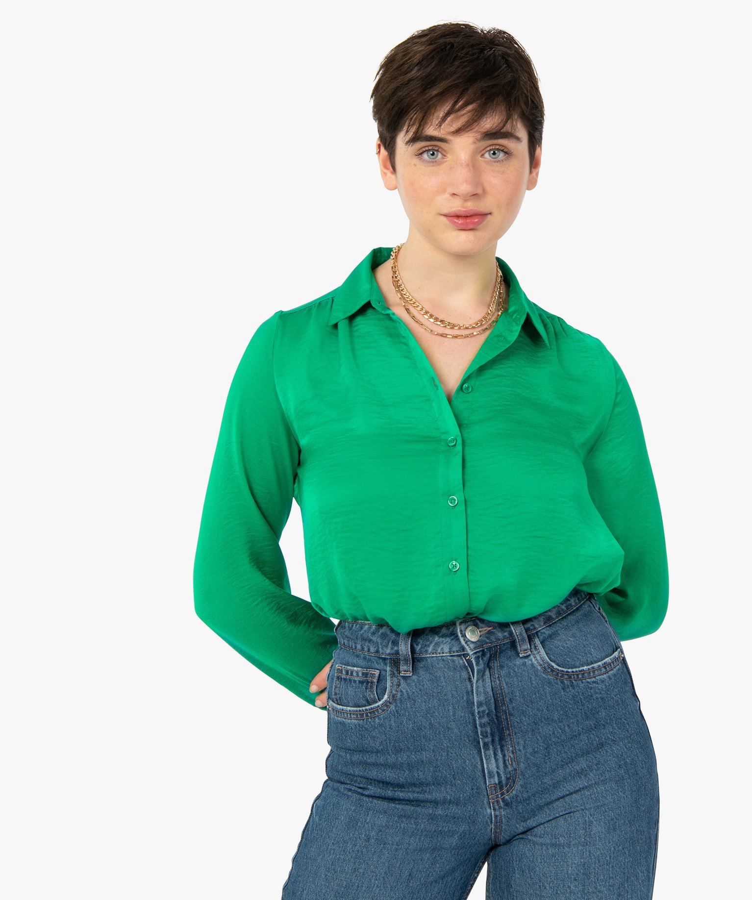 Chemise en satin à manches longues femme vert | GEMO