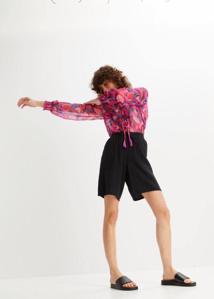 Musselin-Bermuda mit High-Waist-Bequembund und Taschen