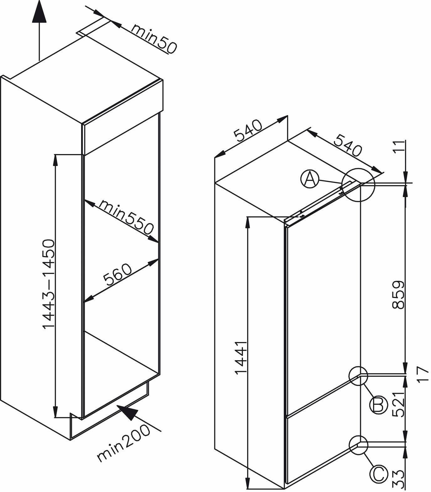 Amica Einbaukühlgefrierkombination EKGC 16156, 144 cm hoch, 54,5 cm breit