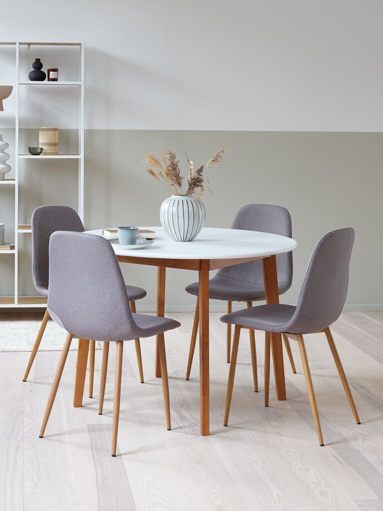 JEGIND JONSTRUP JEGIND Ø105 mesa branca 4 JONSTRUP cadeira cinza/carvalho