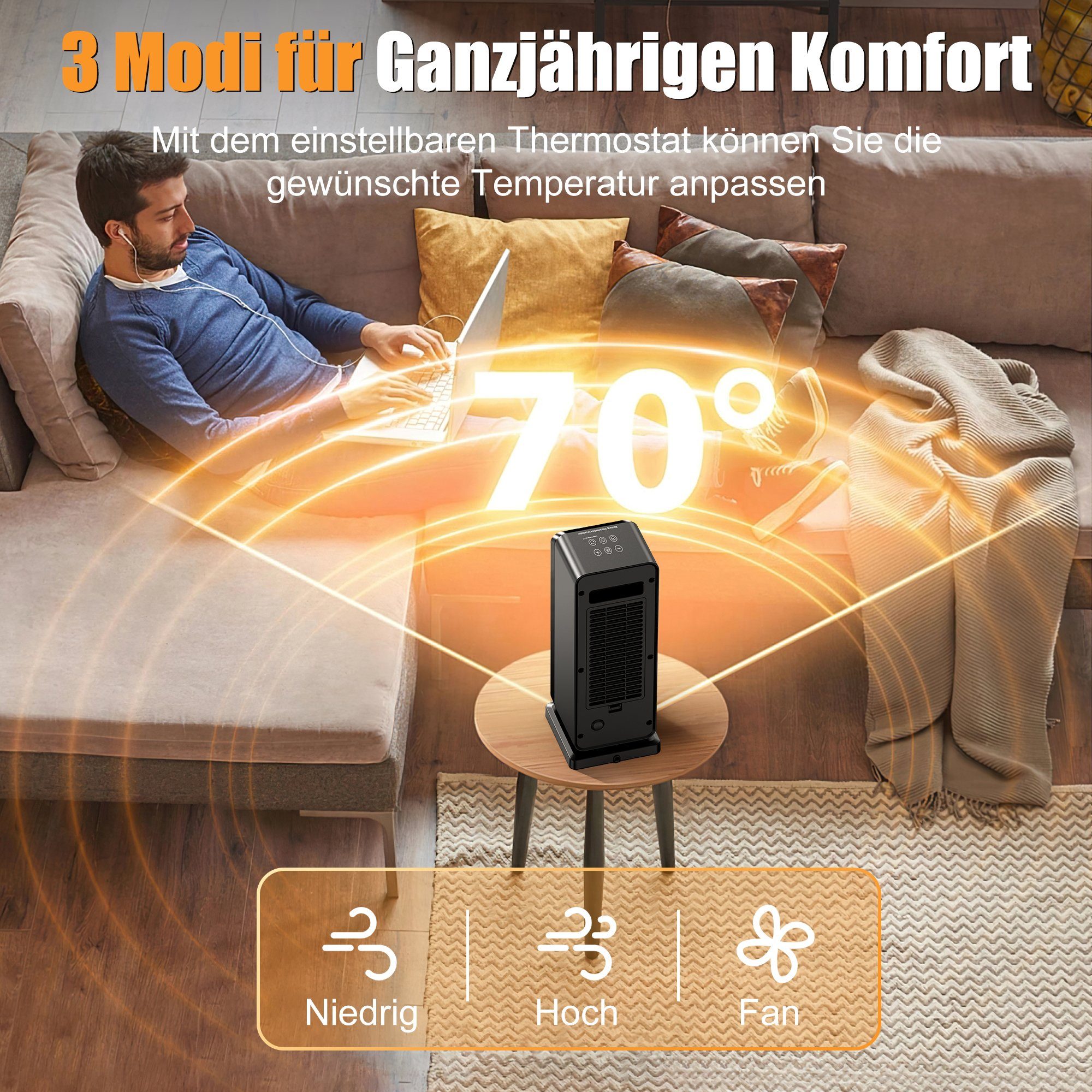Mutoy Heizlüfter Keramikheizlüfter,Heizlüfter, Heizgerät, Heizung mit Fernbedienung, Heizlüfter energiesparend mit Oszillationsfunktion&Timer,3 Heizstufen
