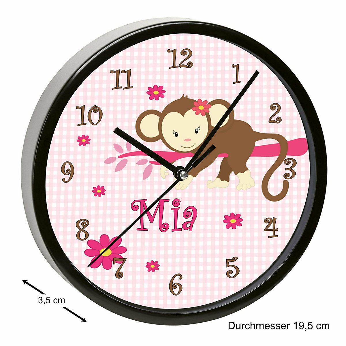 Kinder Wanduhr personalisiert mit Name Affe hängend Rosa