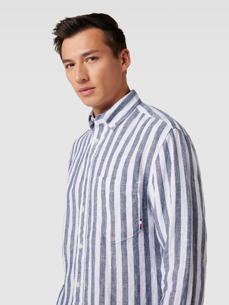 Freizeithemd aus Leinen mit Brusttasche Modell 'BRETON' in marineblau