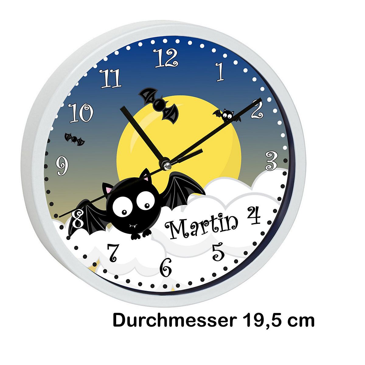 Kinder Wanduhr laufruhig personalisiert mit Name Fledermaus