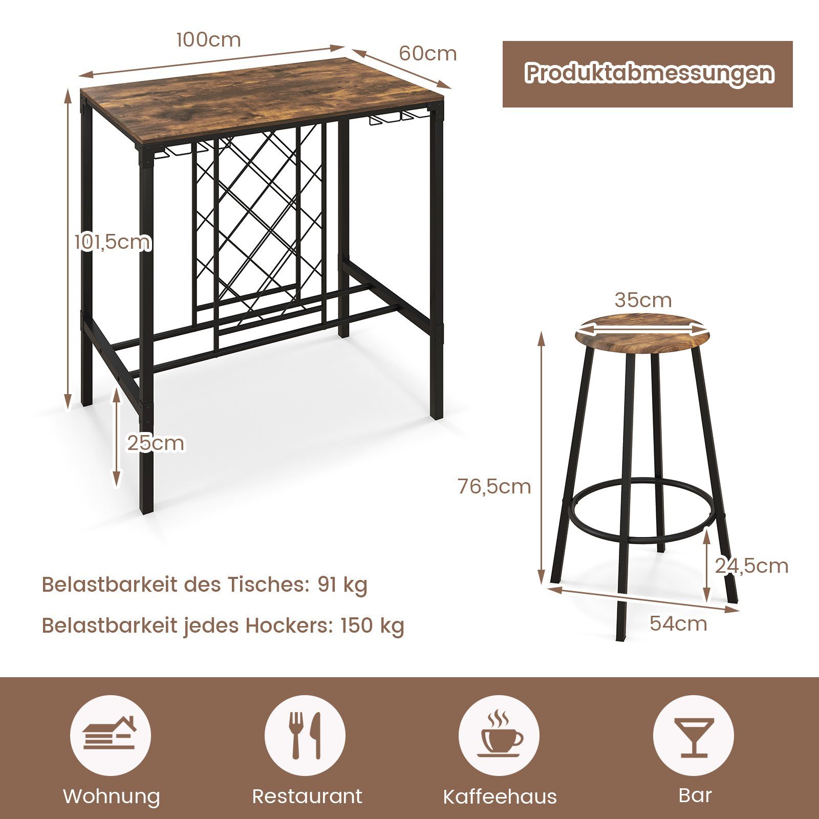 COSTWAY Bartisch, 5-tlg. mit 4 Barhockern, Weinregal und Glashalter
