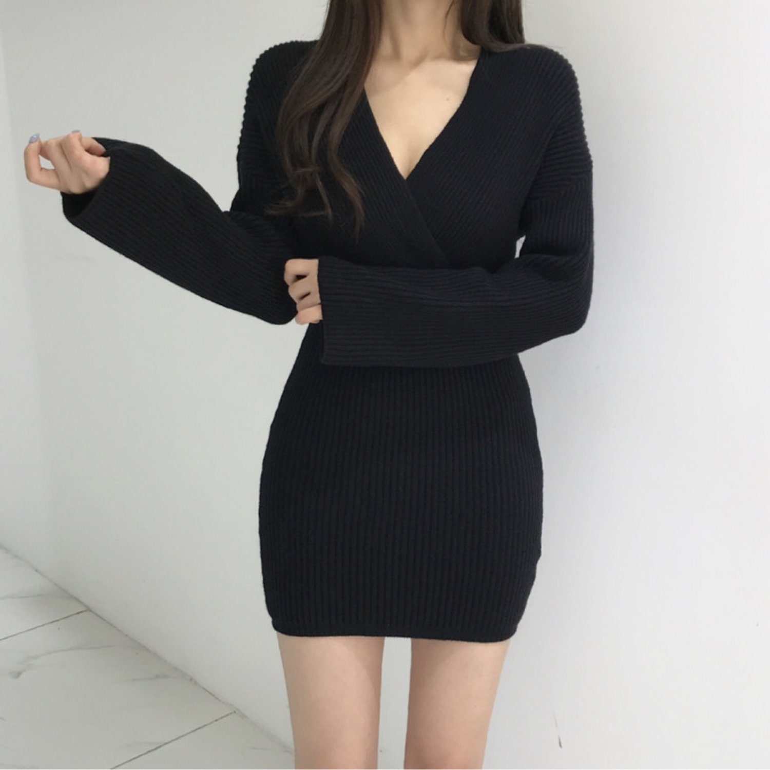 aikidio Stillkleid Sexy warmes schmales Strickkleid mit V-Ausschnitt