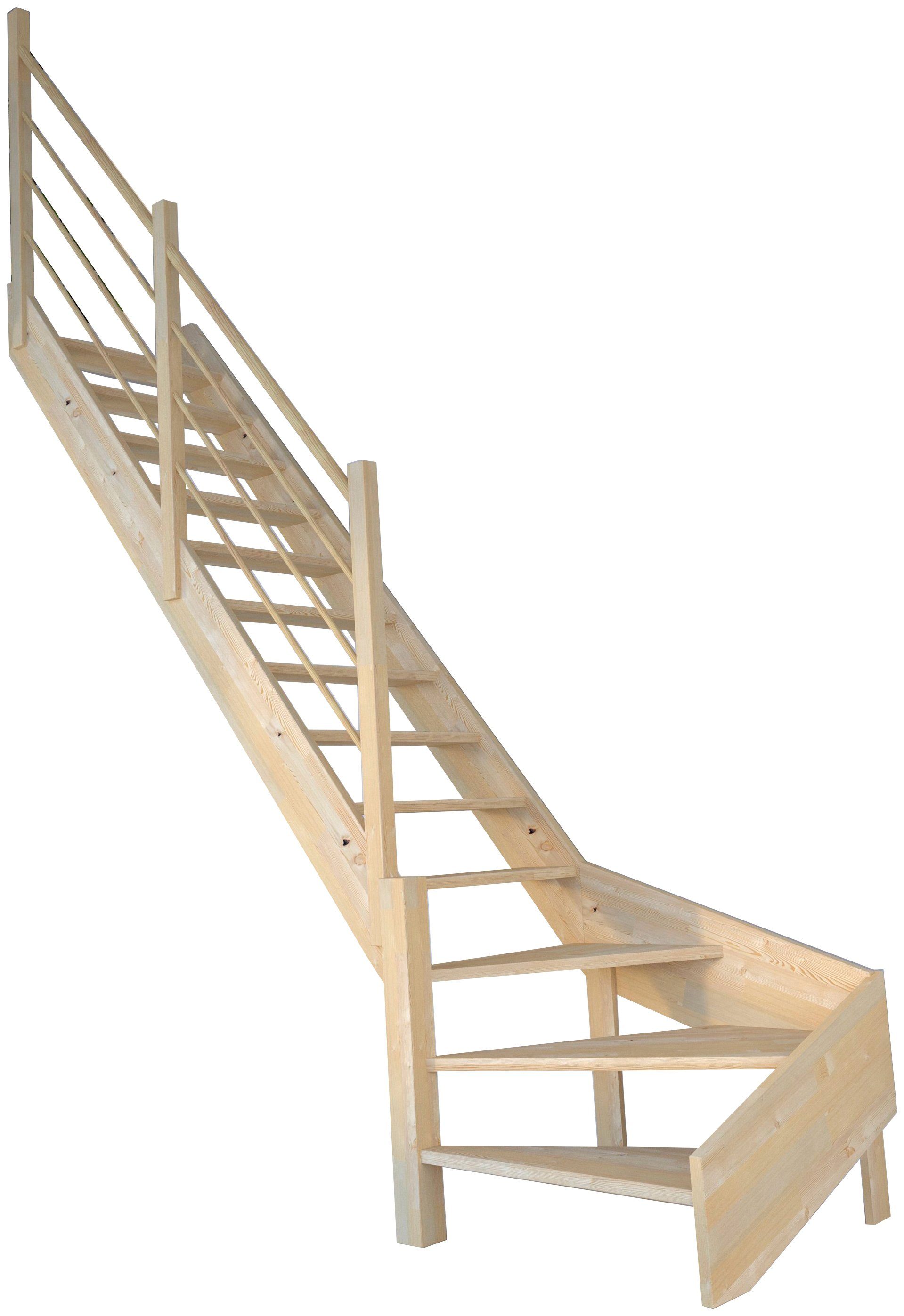 Starwood Raumspartreppe Massivholz Korfu, Holz-Holz Design Geländer, für Geschosshöhen bis 300 cm, Stufen offen, gewendelt Links, Durchgehende Wangenteile