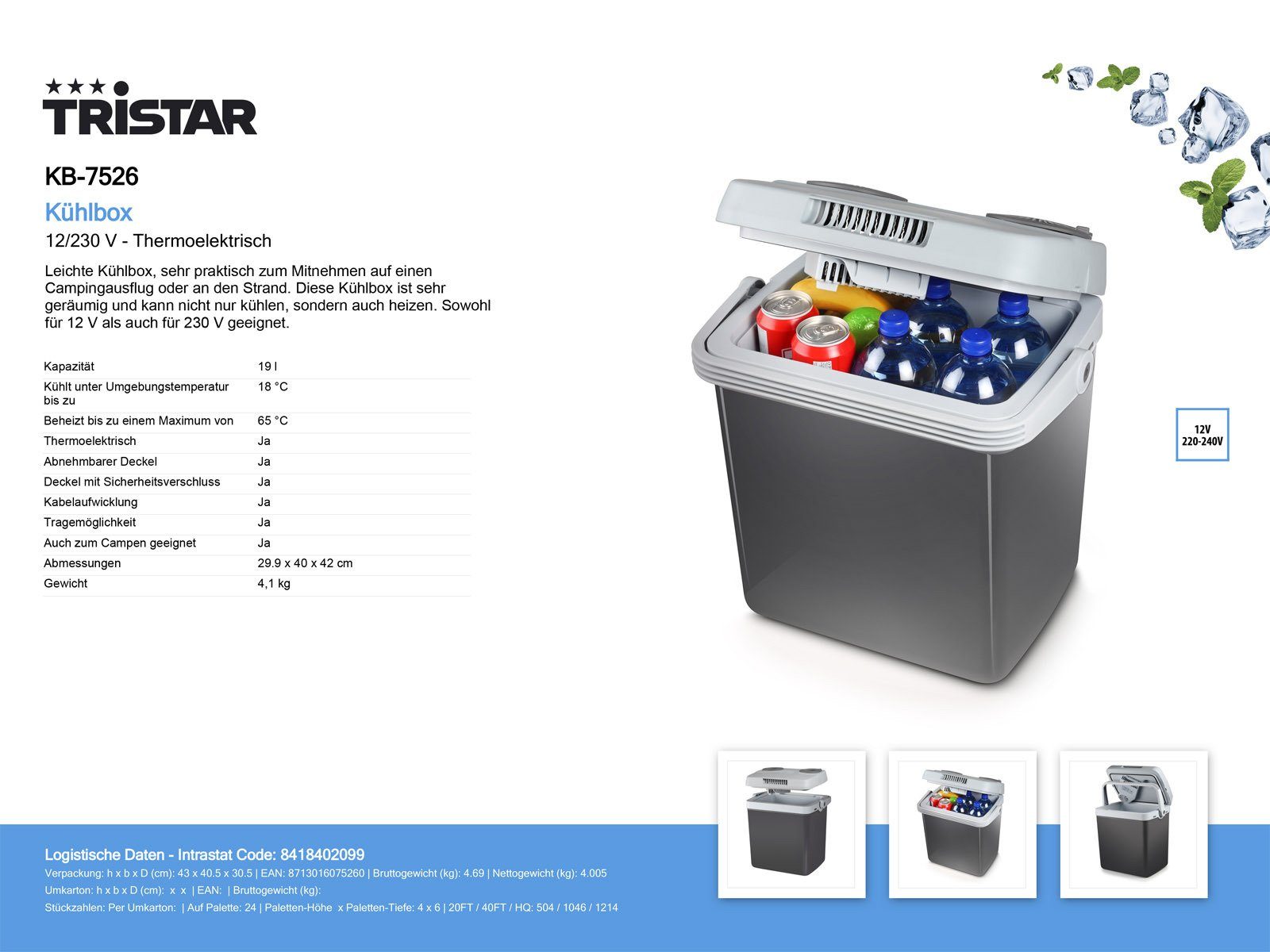 Tristar Elektrische Kühlbox, 19 l, mit Strom thermoelektrisch für Auto & Garten 12V 220-240V Klappständer