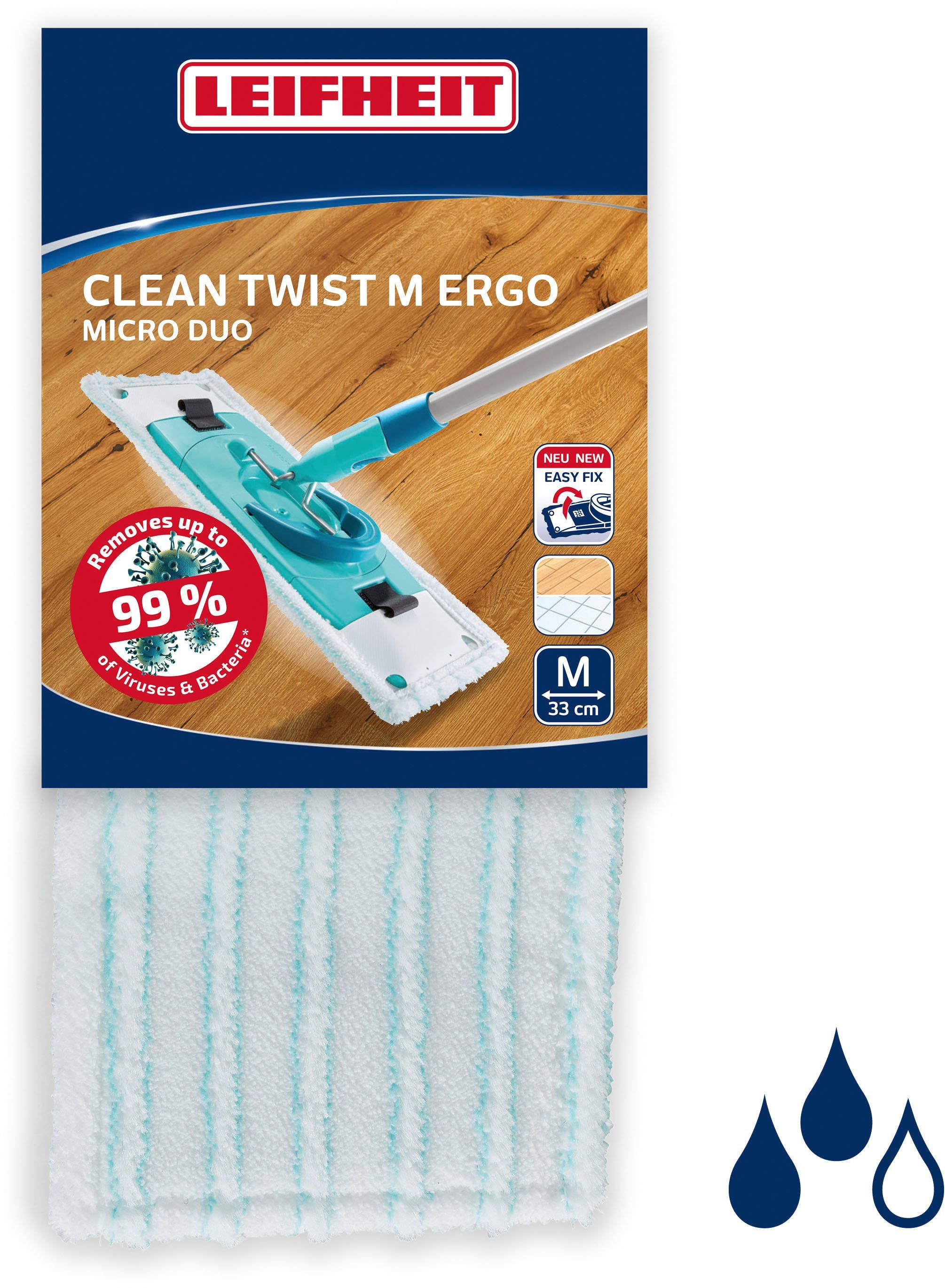 Leifheit bCLEAN TWIST M Ergo micro duo Wischbezug (Mikrofaser, 3x14 cm, 1-tlg., besonders hohe Aufnahme von Schmutz und Schmutzwasser,Wischbreite 33cm)
