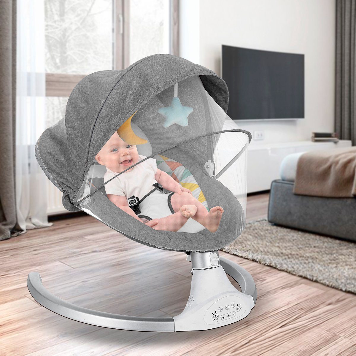 Insma Babyschaukel elektrische Babywippe 5 Gänge, mit Esstisch, bluetooth Musik, Moskitonetz und Spielzeug, max. 9kg