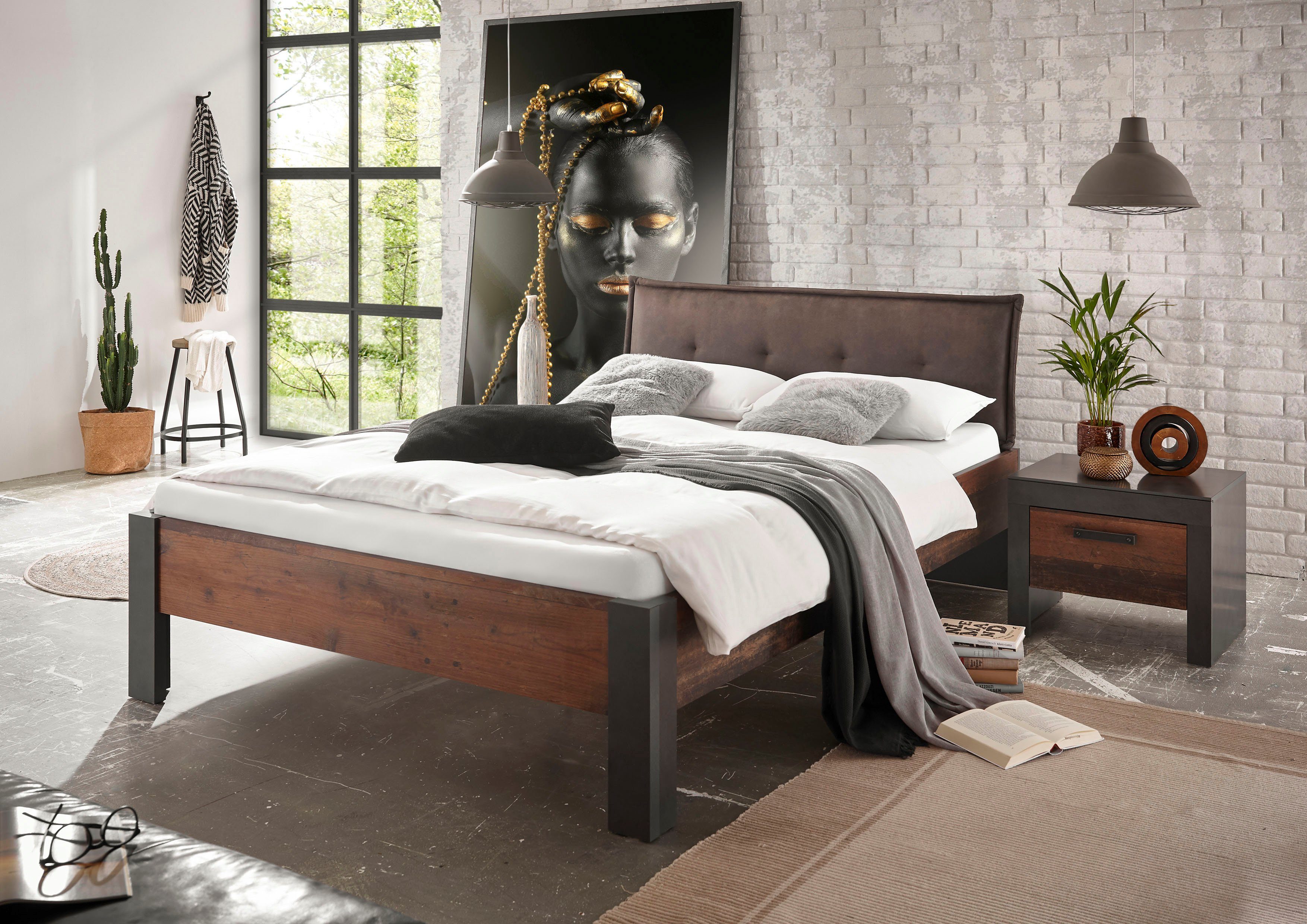 Home affaire Bettanlage BROOKLYN, (Set, 2-St., Einzelbett mit Polsterkopfteil, Nachtkommode)