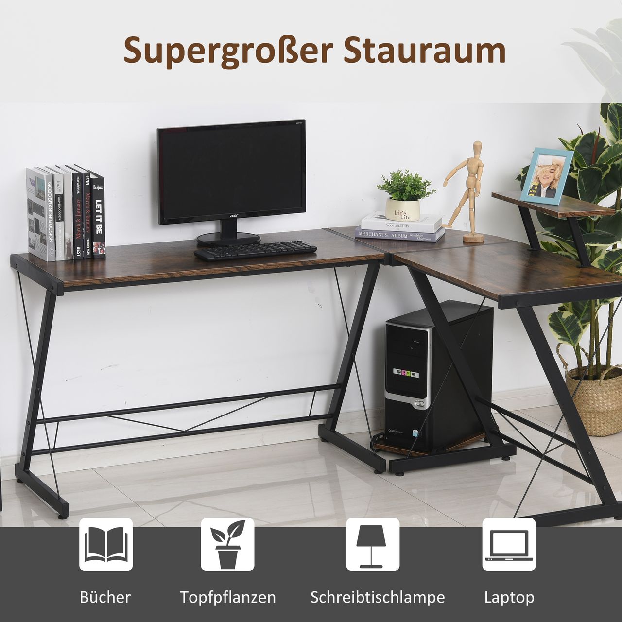 HOMCOM Computertisch, Eckschreibtisch, Schreibtisch, Bürotisch, Spanplatte Metall, Vintagebraun-Schwarz, 155 x 115 x 91,5 cm