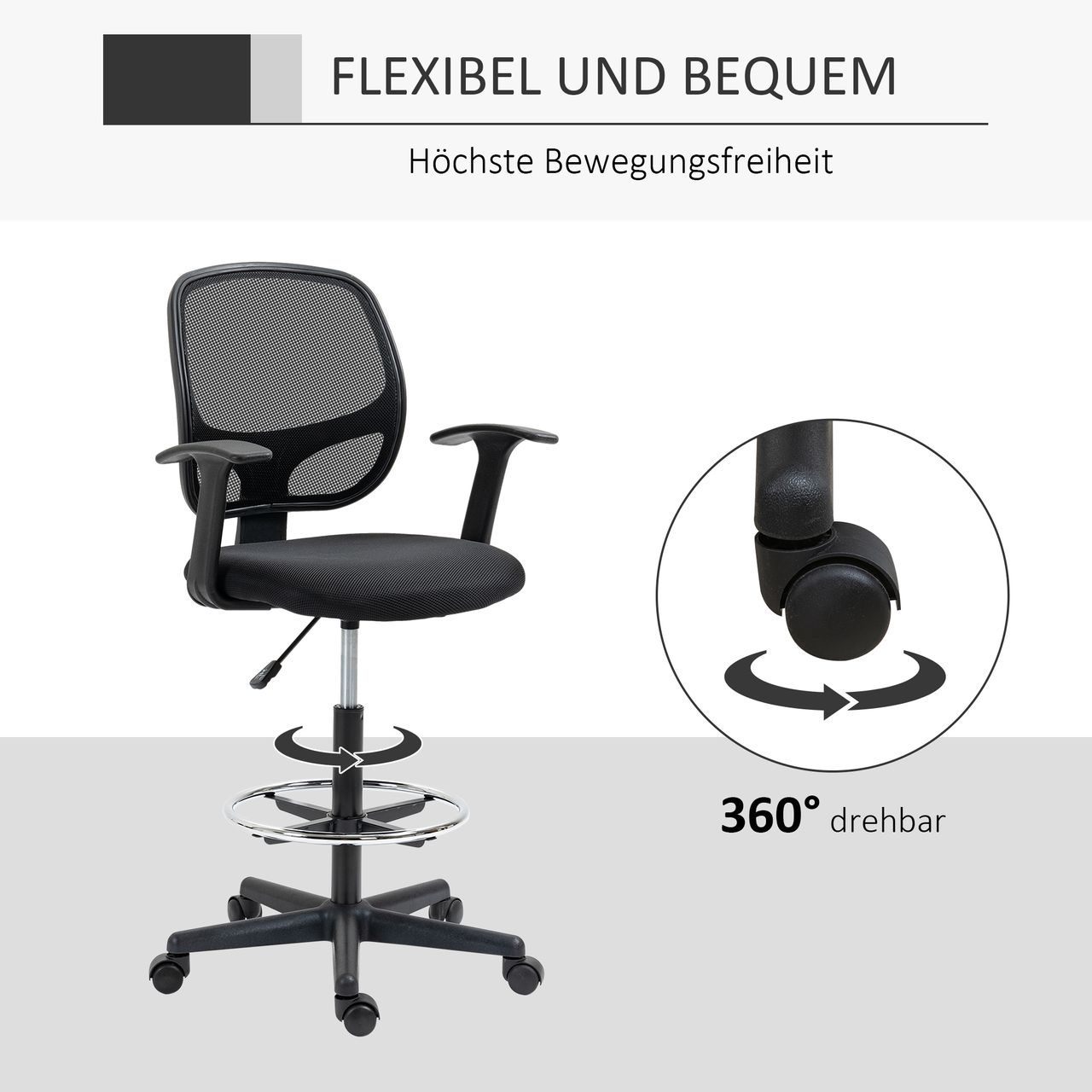Vinsetto Arbeitsstuhl Mesh Bürostuhl Ergonomischer Schreibtischstuhl Zeichenstuhl mit verstellbarem Fußring Höhenverstellbare Drehstuhl mit Rollen für Arbeitszimmer Schwarz 60 x 56 x 110-132 cm