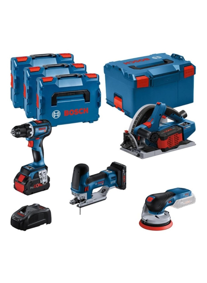 Bosch Bleu 0615990N36 Combiset 18V 4 appareils 1 x 4,0 Ah 2 x 5,5 Ah et chargeur dans un L-BOXX