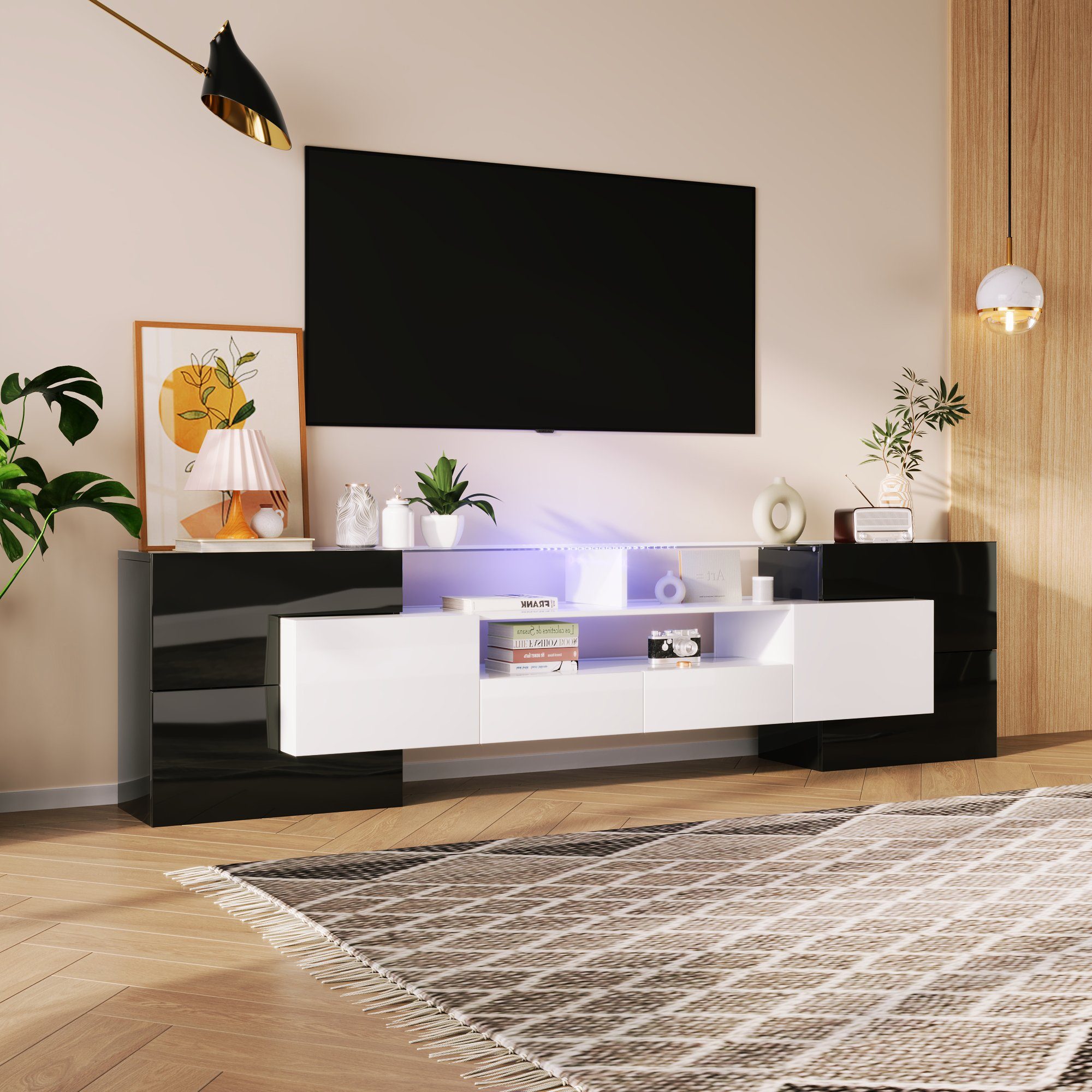 REDOM TV-Schrank Lowboard (1-St., Schwarz+Weiß, 200 cm) Elegante Glasoberfläche., LED-Beleuchtung