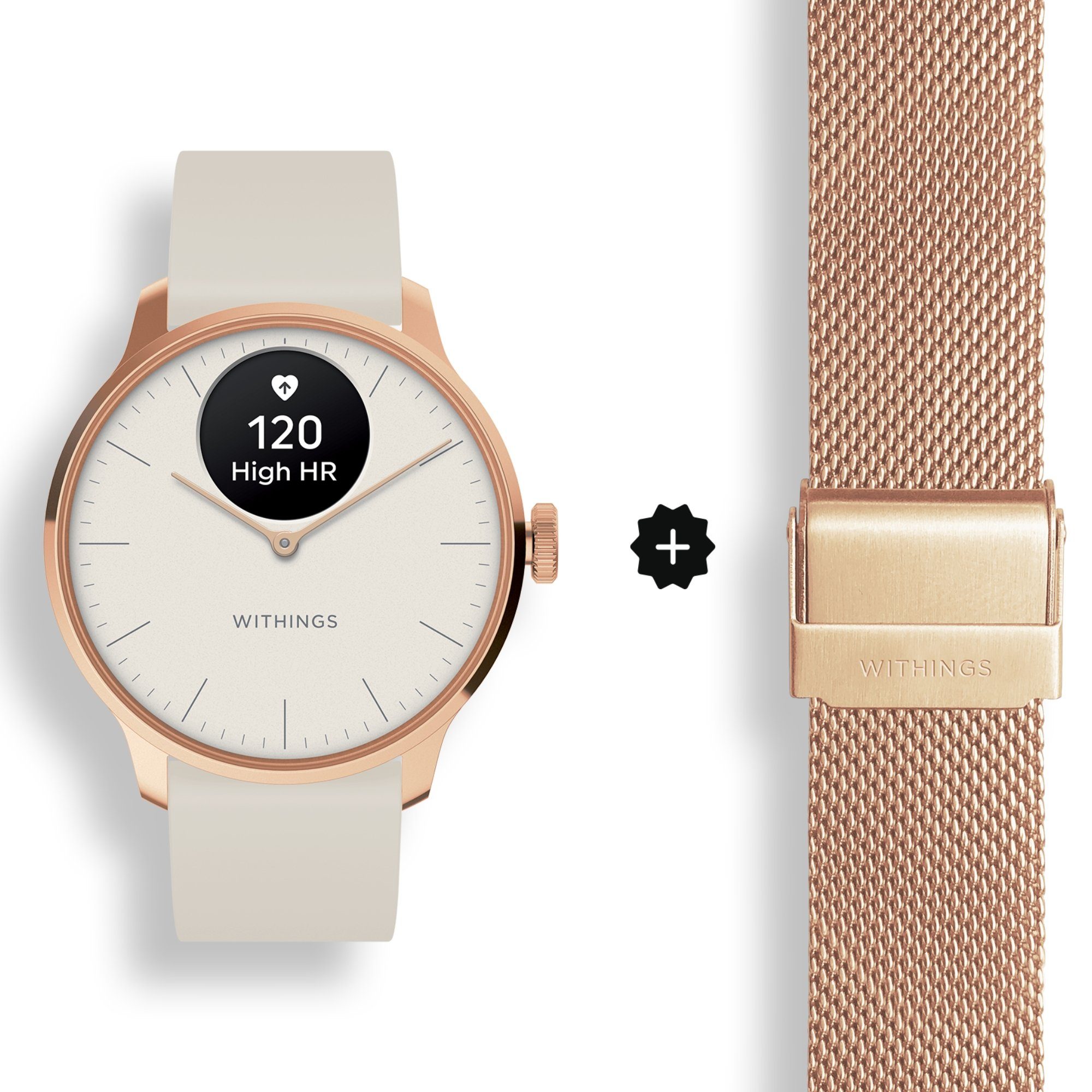 Withings HWA11 ScanWatch Light + Rose Gold Milanese Band Bundle Smartwatch (1,6 cm/0,63 Zoll) Spar-Set, mit Wechselarmband