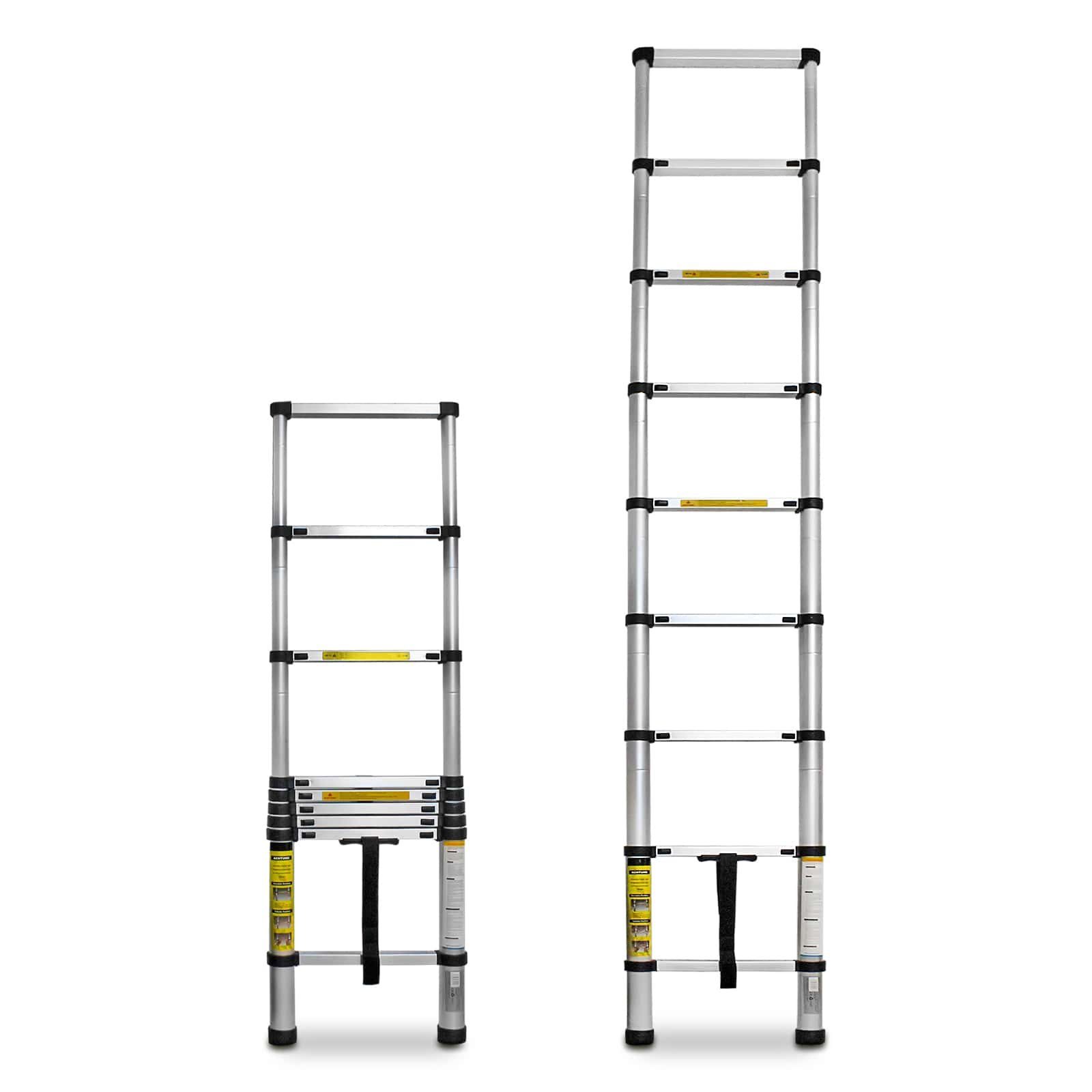 EAXUS Teleskopleiter Ausfahrbare Leiter Aluminium 2,6 Meter, rutschfeste Sprossen, zusammenklappbar auf 74 cm
