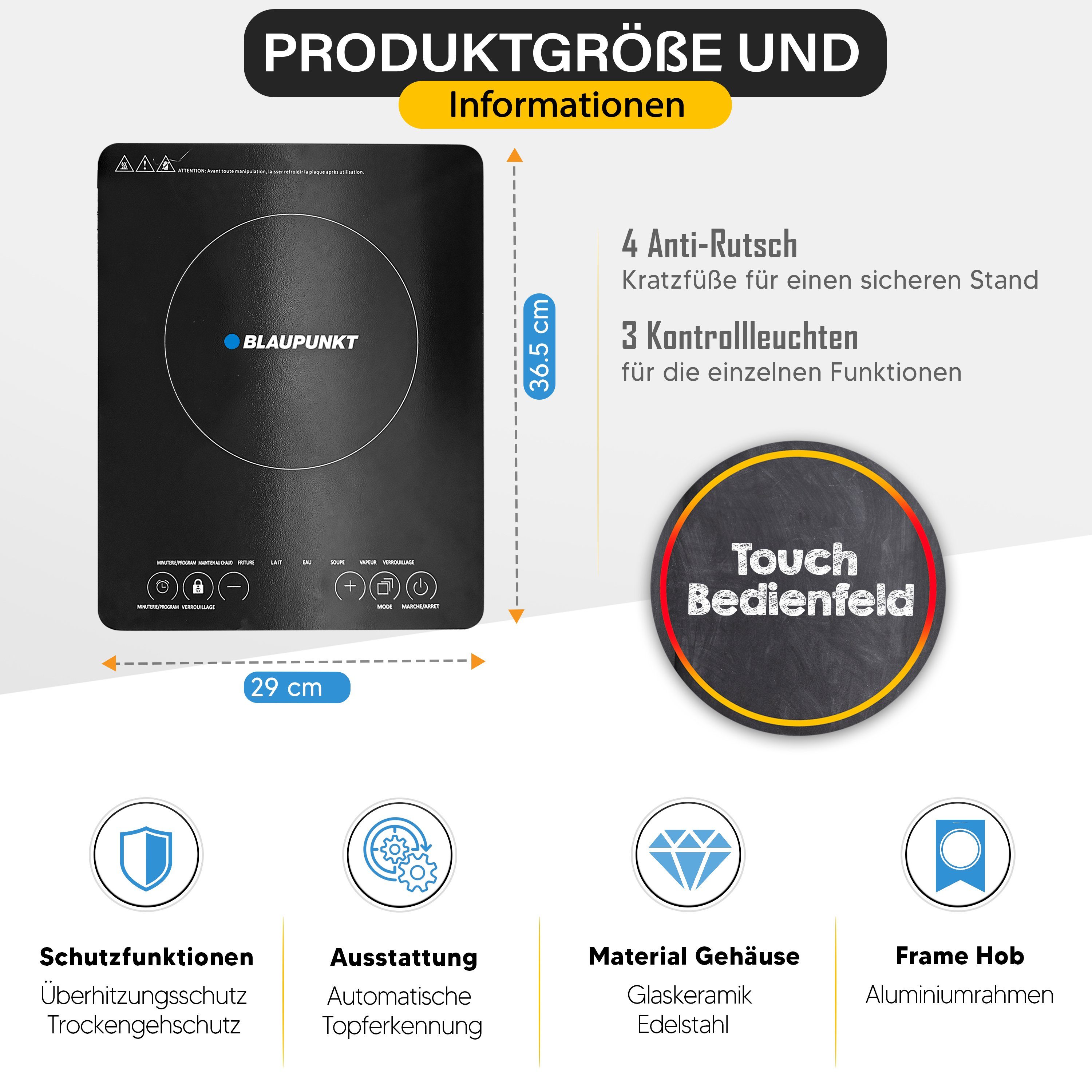 Blaupunkt Einzel-Induktionskochplatte Einzelkochplatte Induktion 2000W Camping Induktionskochplatte Einzel, Induktionskochfeld, Campingkocher, Induktionsherd Kochplatte mit Timer