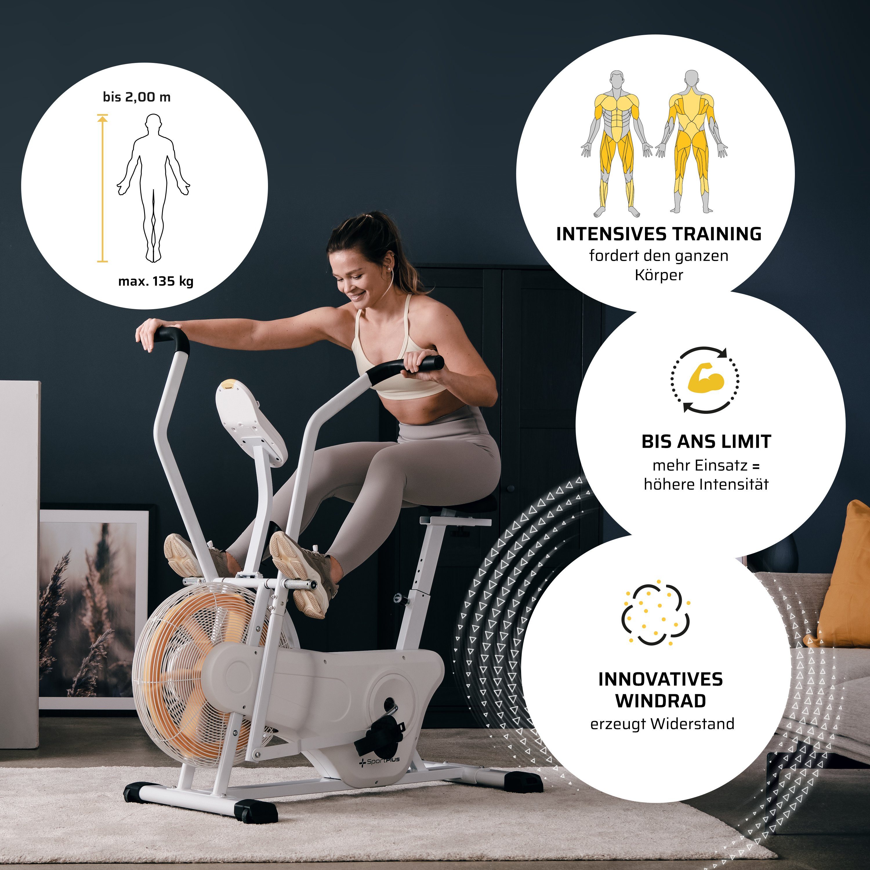 SportPlus Heimtrainer SP-FB-2100-W-iE, Profi Air Bike, Luftwiderstand, Heimtrainer für HIIT, SP-FB-2100-W-iE