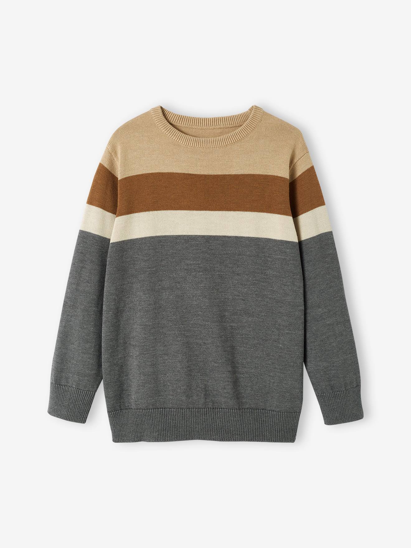 Pull colorblock rayé garçon maille fine raye ecru