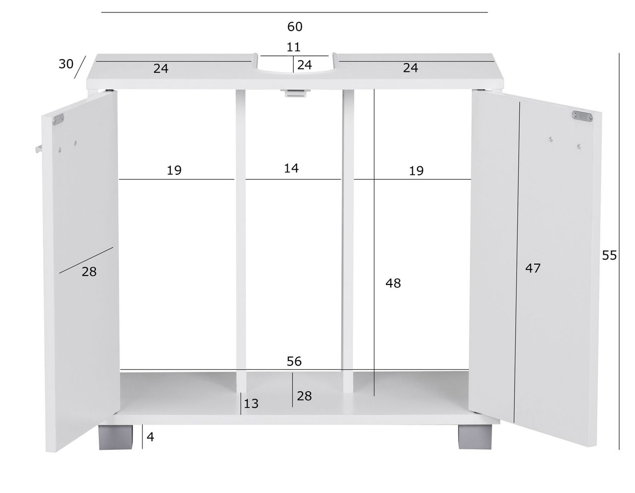 Wohnling Bad Waschbecken Unterschrank 60 x 55 x 30 cm 2 Türen weiß