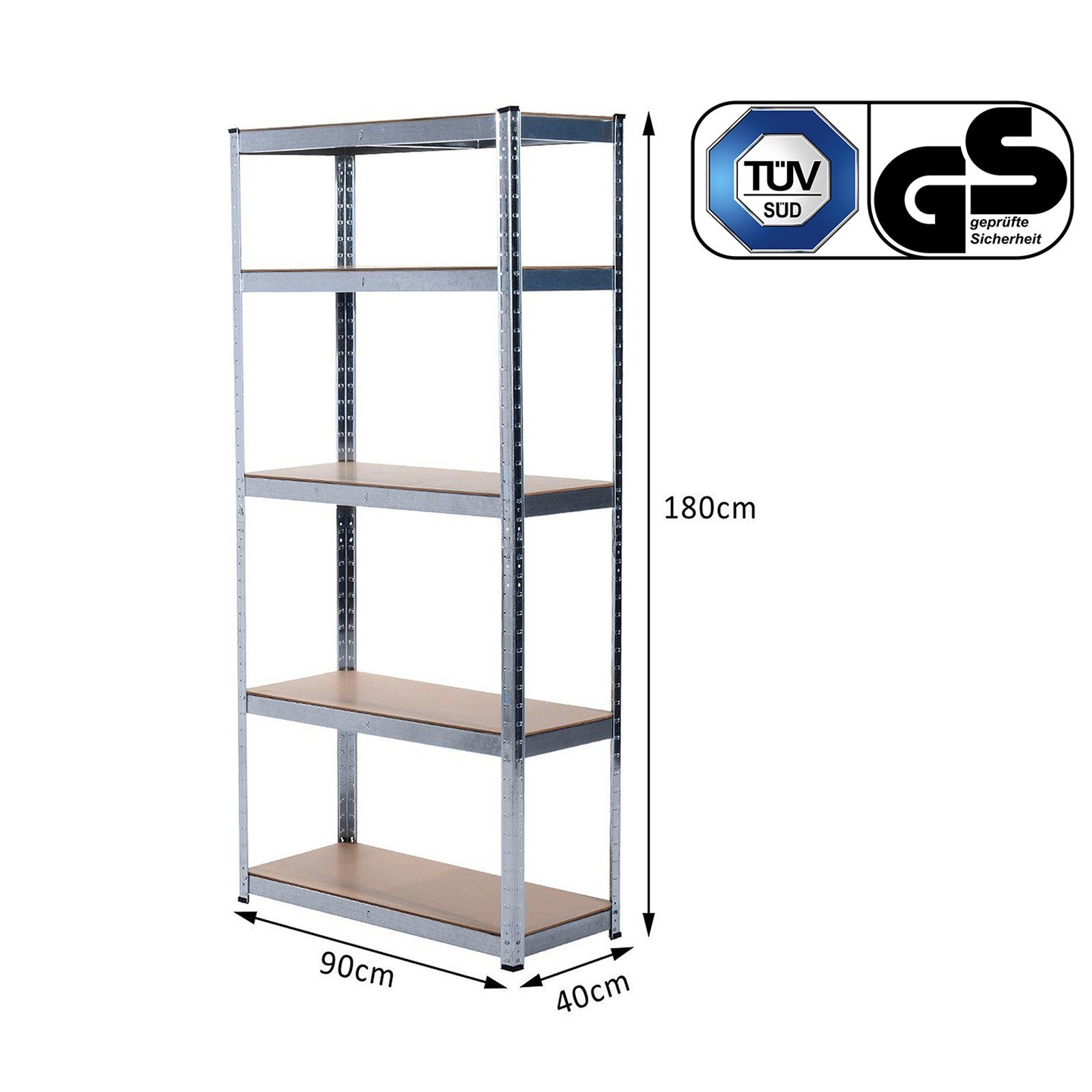 Grafner Schwerlastregal Lagerregal 180x90x40 cm mit 5 Böden max. 875 kg Metall verzinkt, Stck, Kellerregal Steckregal Werkstattregal TÜV / GS geprüft