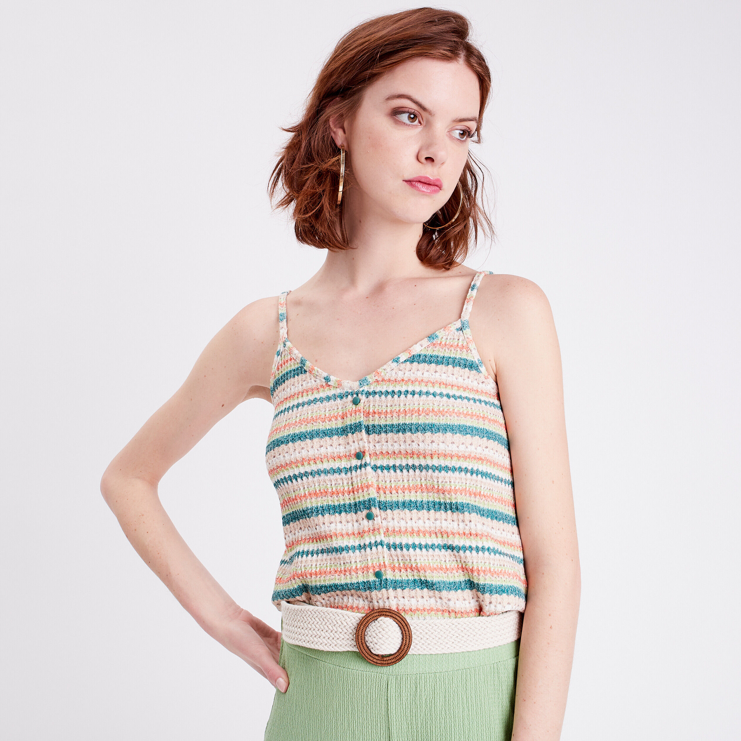 Débardeur crochet bretelles vert femme | Cache Cache